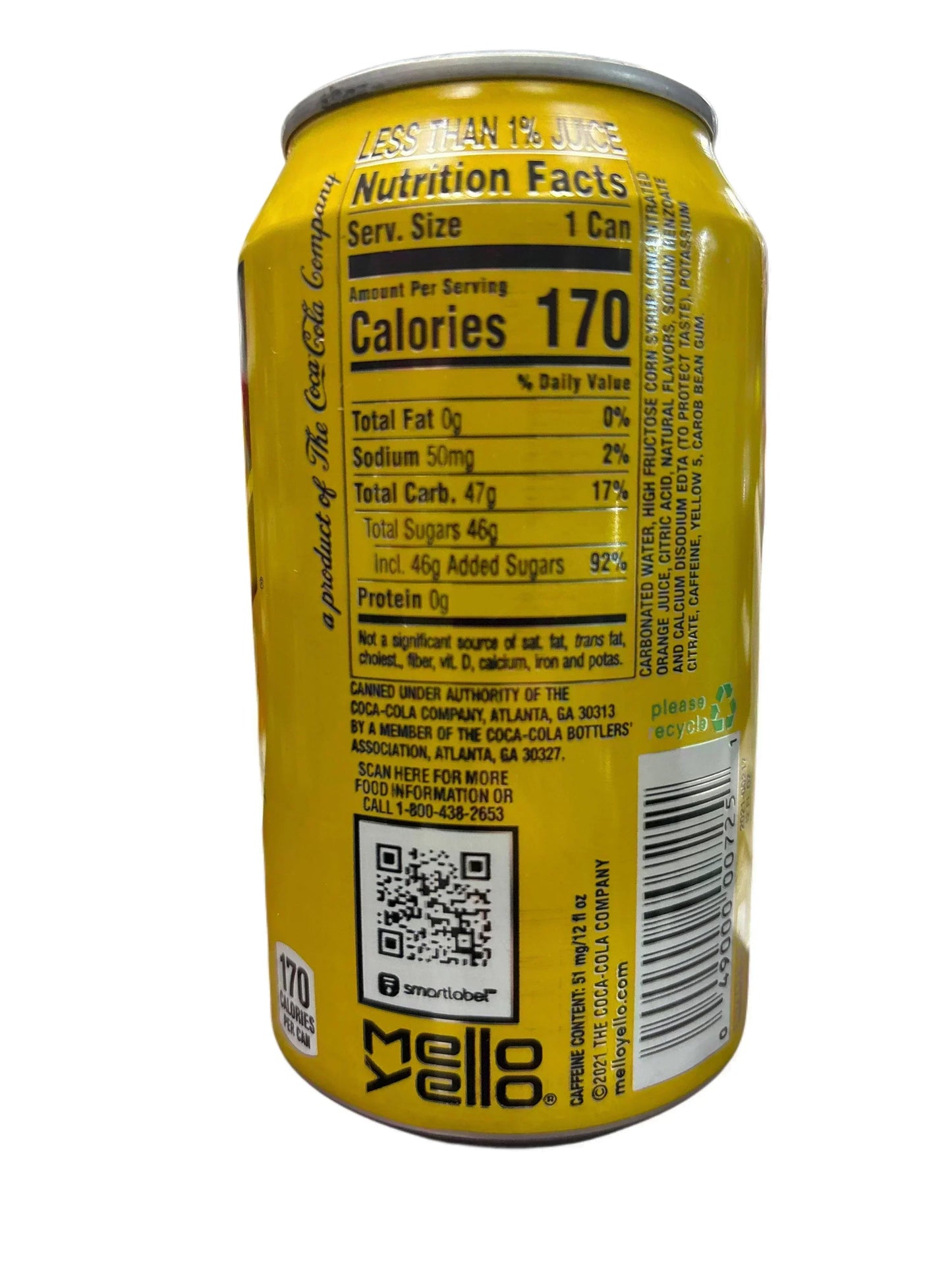Yellow Mello Yello soda can with nutrition facts and barcode, imported drink product