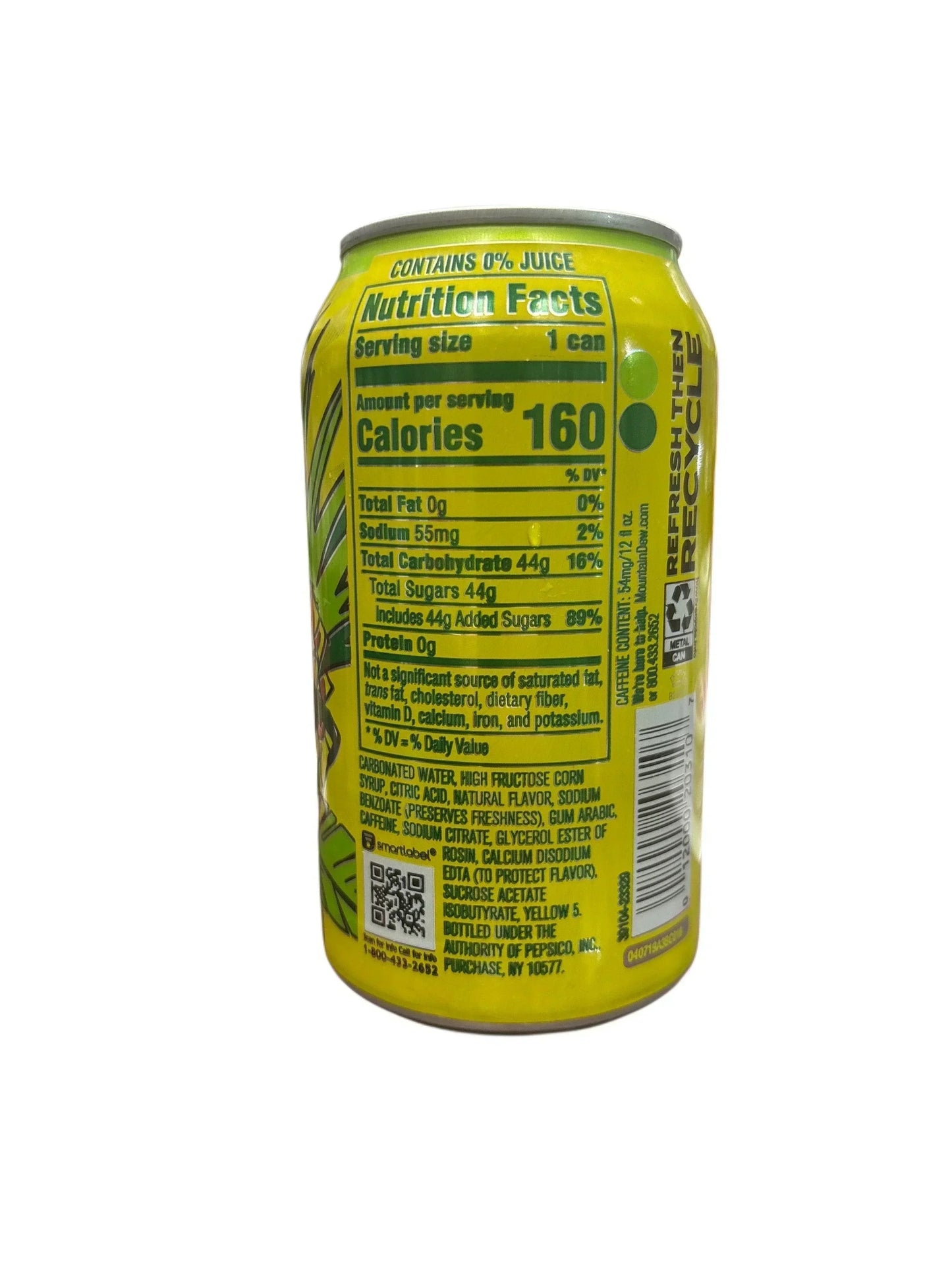 Back of a yellow soda can showing nutrition facts and ingredients label on white background