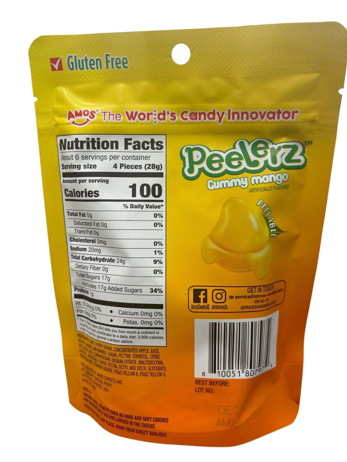 Back of Peelz gummy mango exotic candy package with nutrition facts and gluten free label