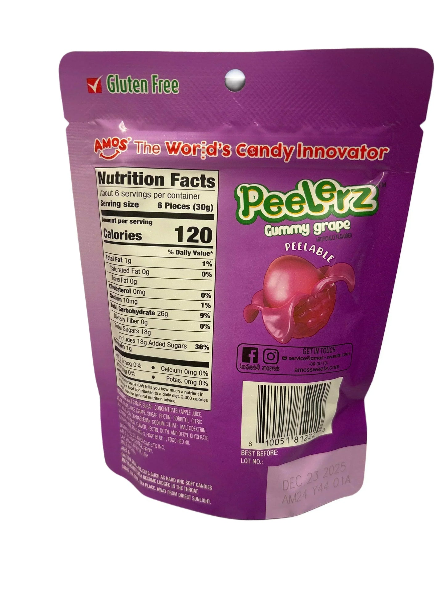 Back of Peelz Gummy Grape candy packaging with nutrition facts and gluten free label