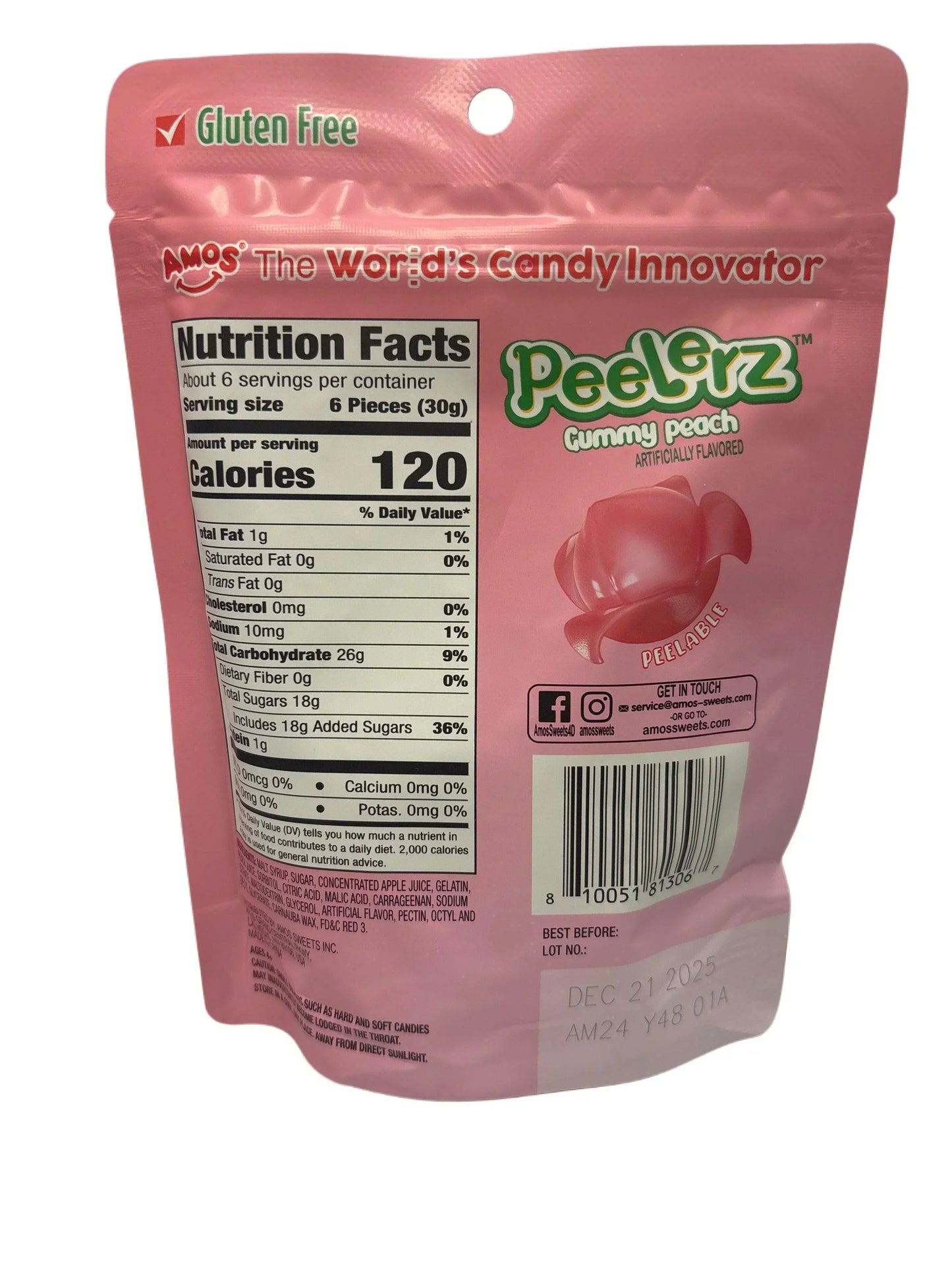 Peelerz gummy peach candy bag, gluten free, with nutrition facts and pink packaging