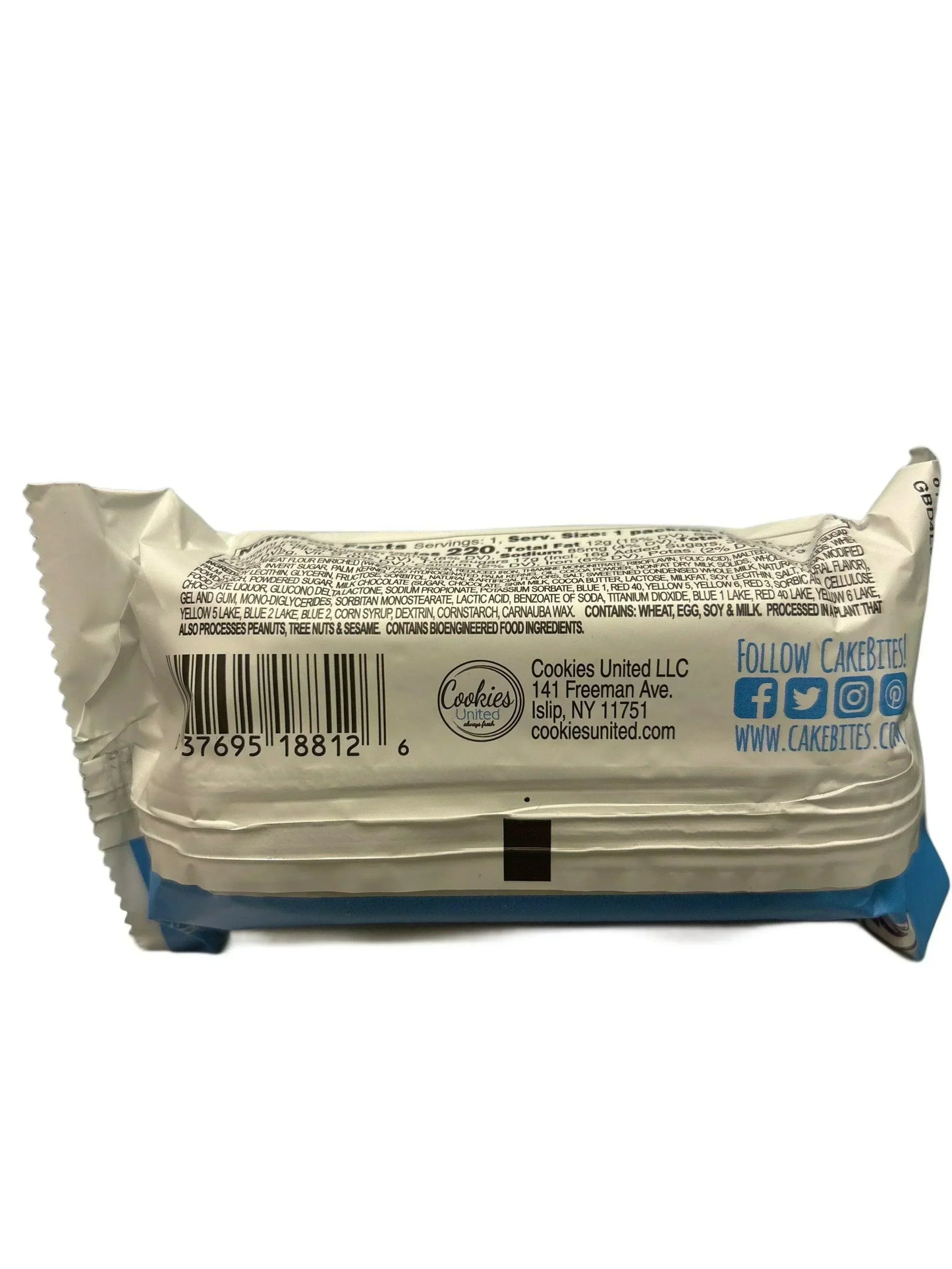 Back of a packaged snack bar showing ingredients, barcode, and social media links