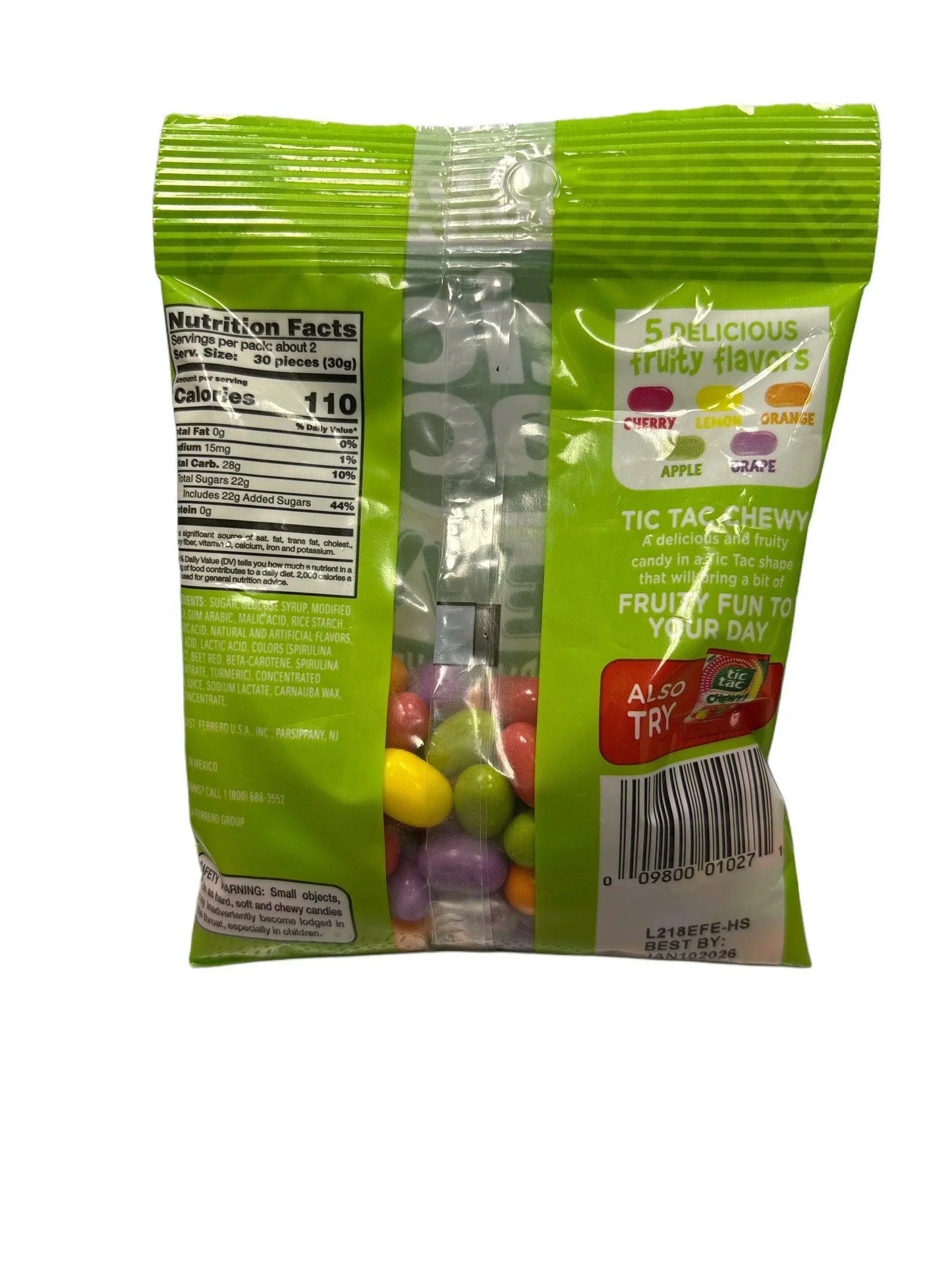 Back of Tic Tac Chewy candy bag showing nutrition facts and colorful fruit flavored candies