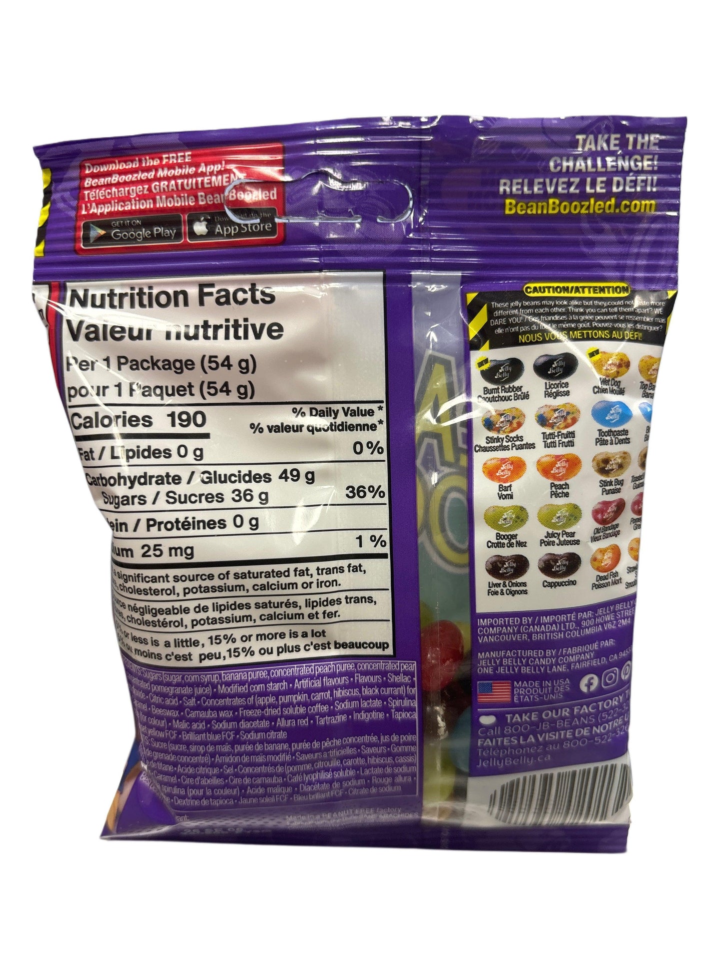 Back of Jelly Belly BeanBoozled candy bag showing nutrition facts, ingredients, and challenge instructions