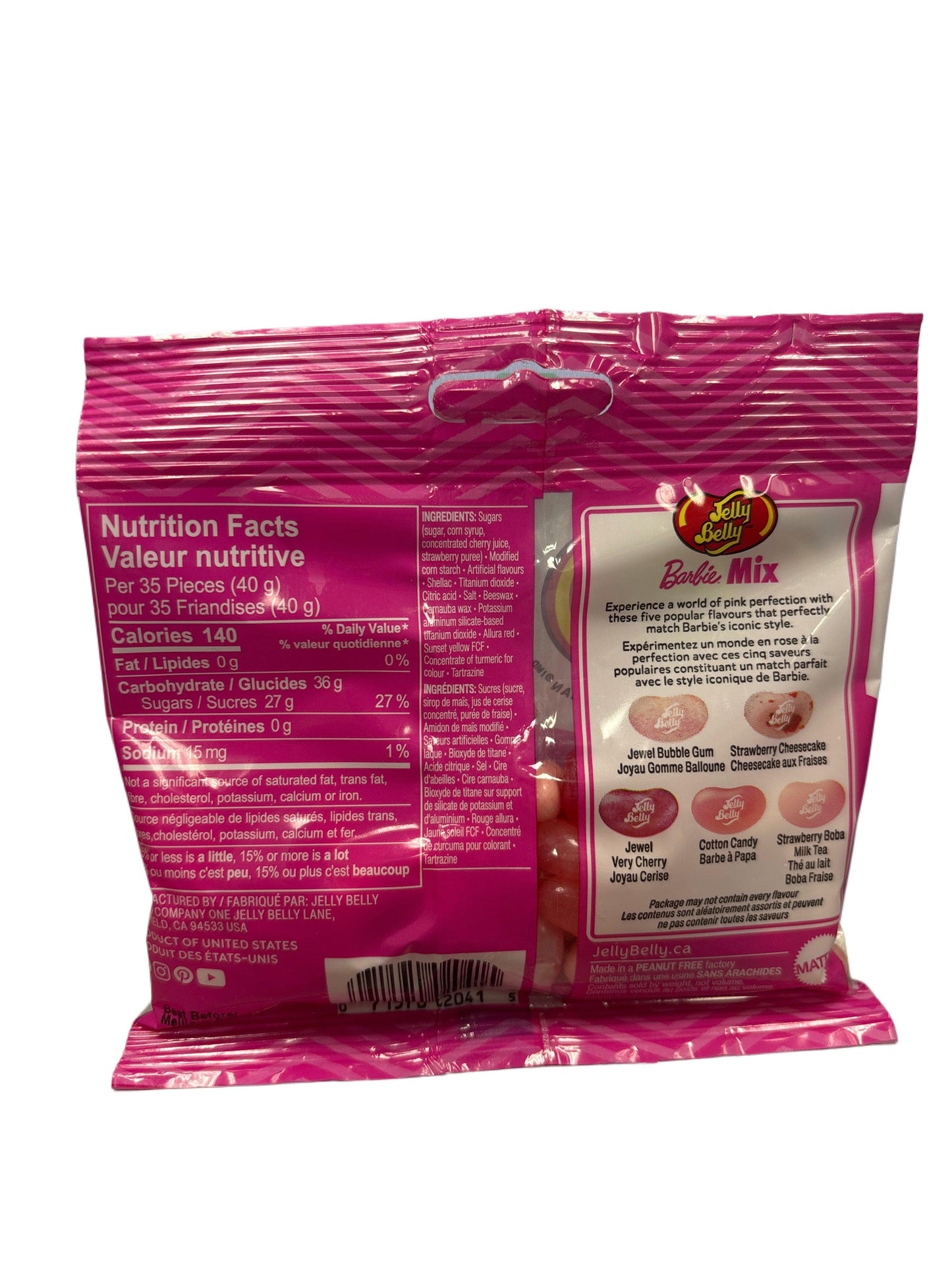 Back of Jelly Belly Barbie Mix candy bag with nutrition facts and ingredient details