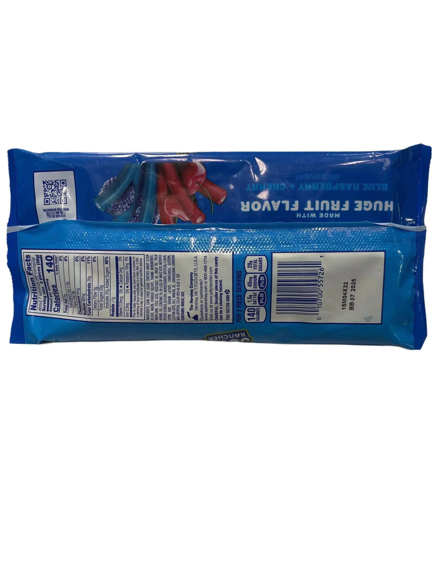Back of blue candy package showing nutrition facts and fruit-flavored licorice images