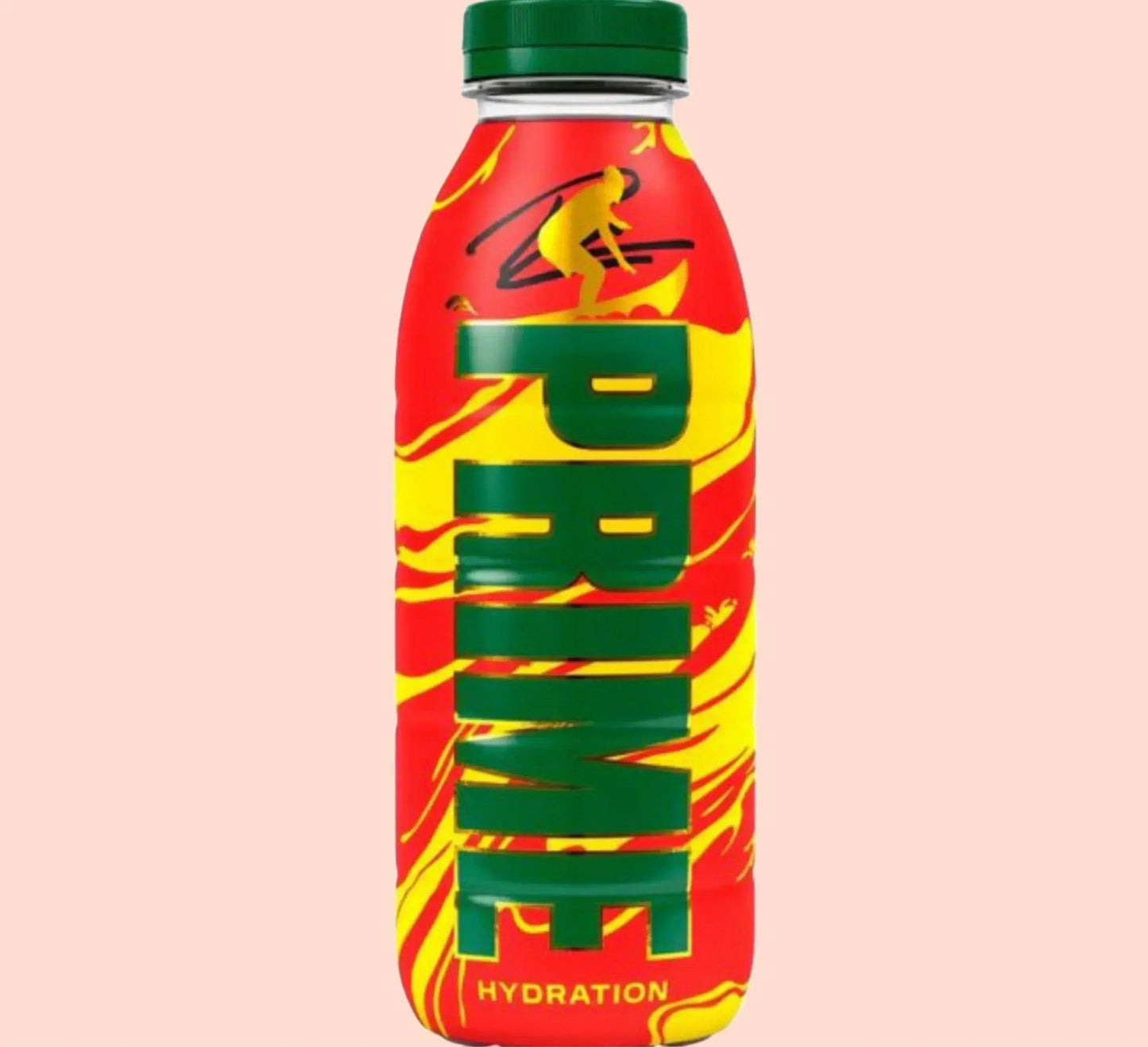Red and yellow Prime Hydration drink bottle with green cap on light pink background