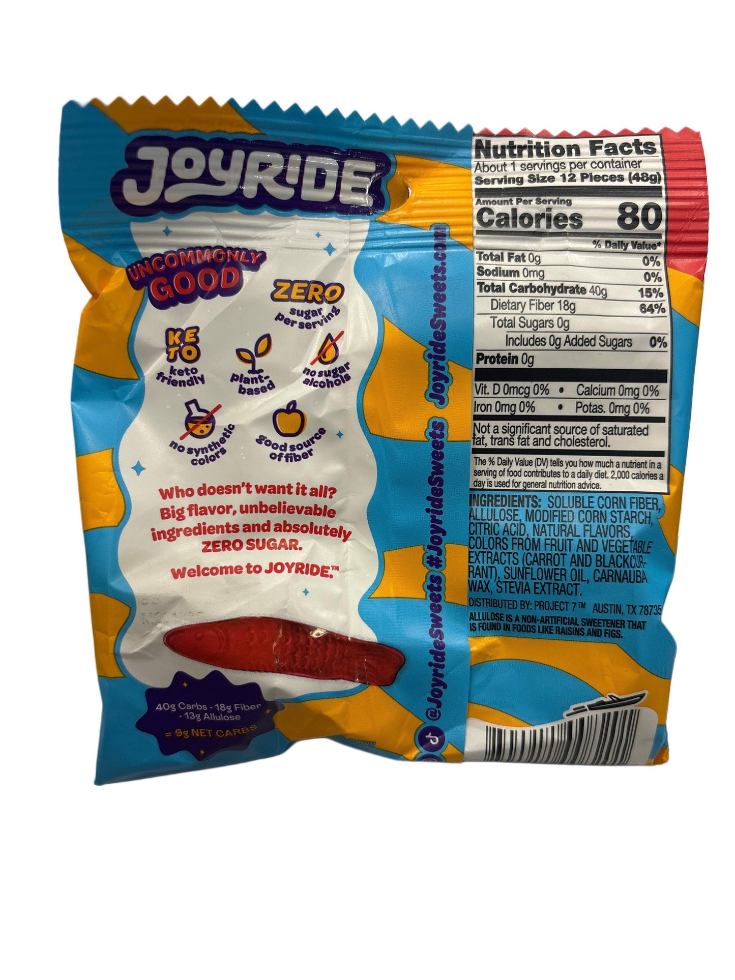 Joyride gummy candy package with nutrition facts, zero sugar, keto and plant-based snack