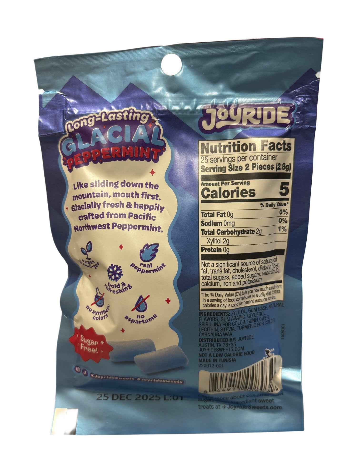Joyride Glacial Peppermint sugar-free candy bag with nutrition facts and ingredients