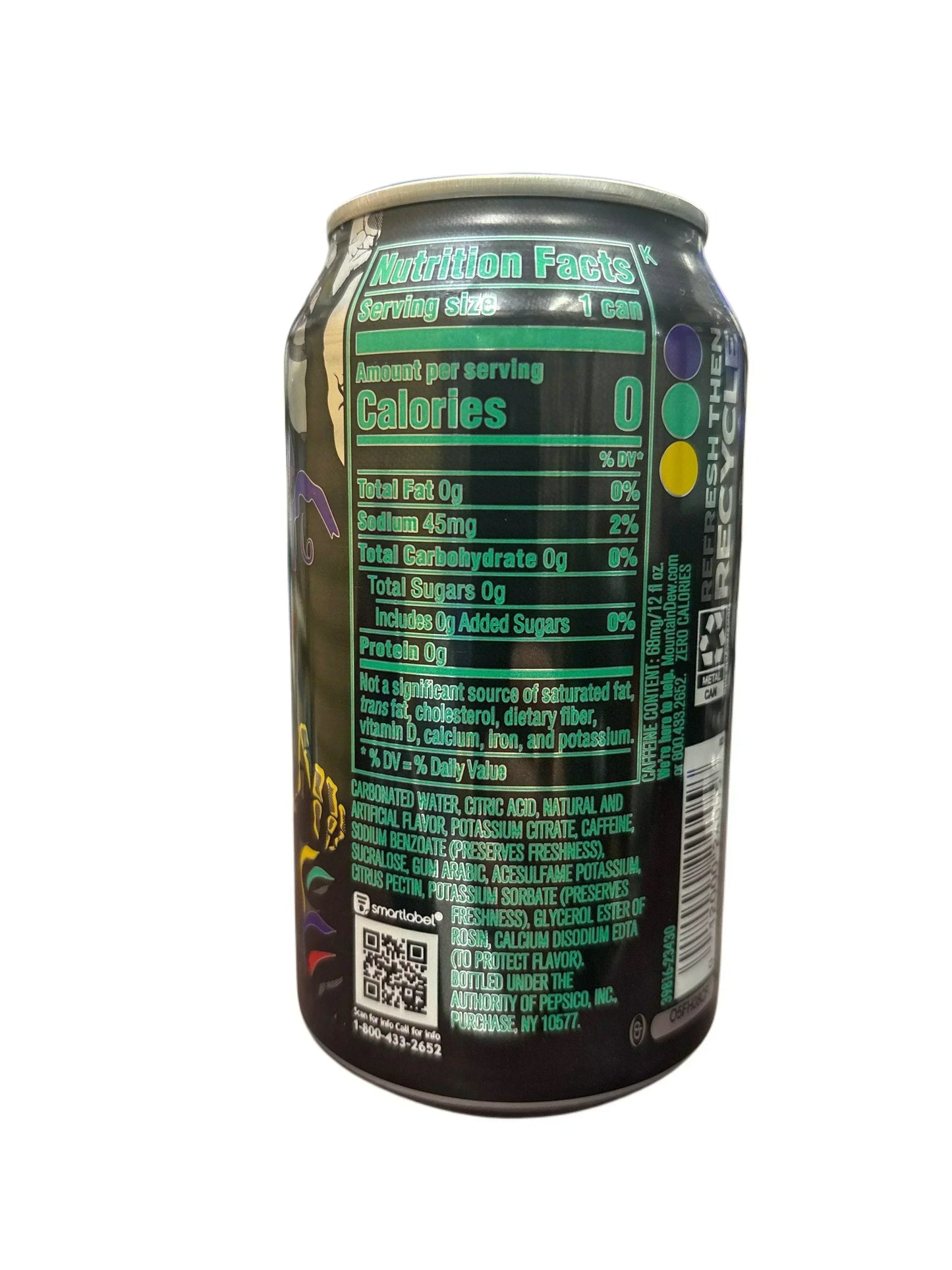 Back of a black soda can showing nutrition facts and ingredients, exotic imported drink