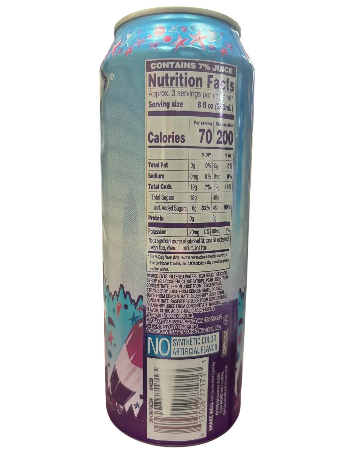 Back of a colorful exotic drink can showing nutrition facts and ingredients list