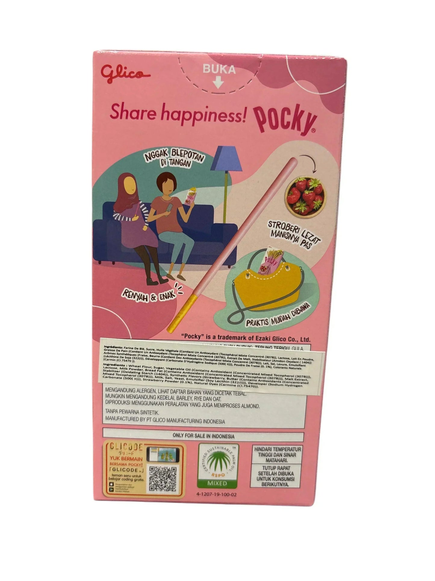 Back of a pink Pocky strawberry snack box with illustrations, product details, and ingredients.