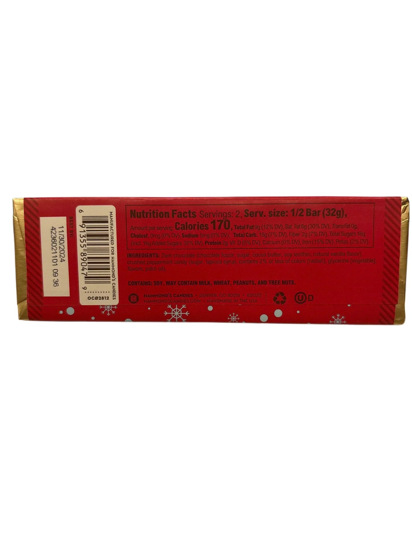 Back of red candy bar wrapper showing nutrition facts and ingredients label