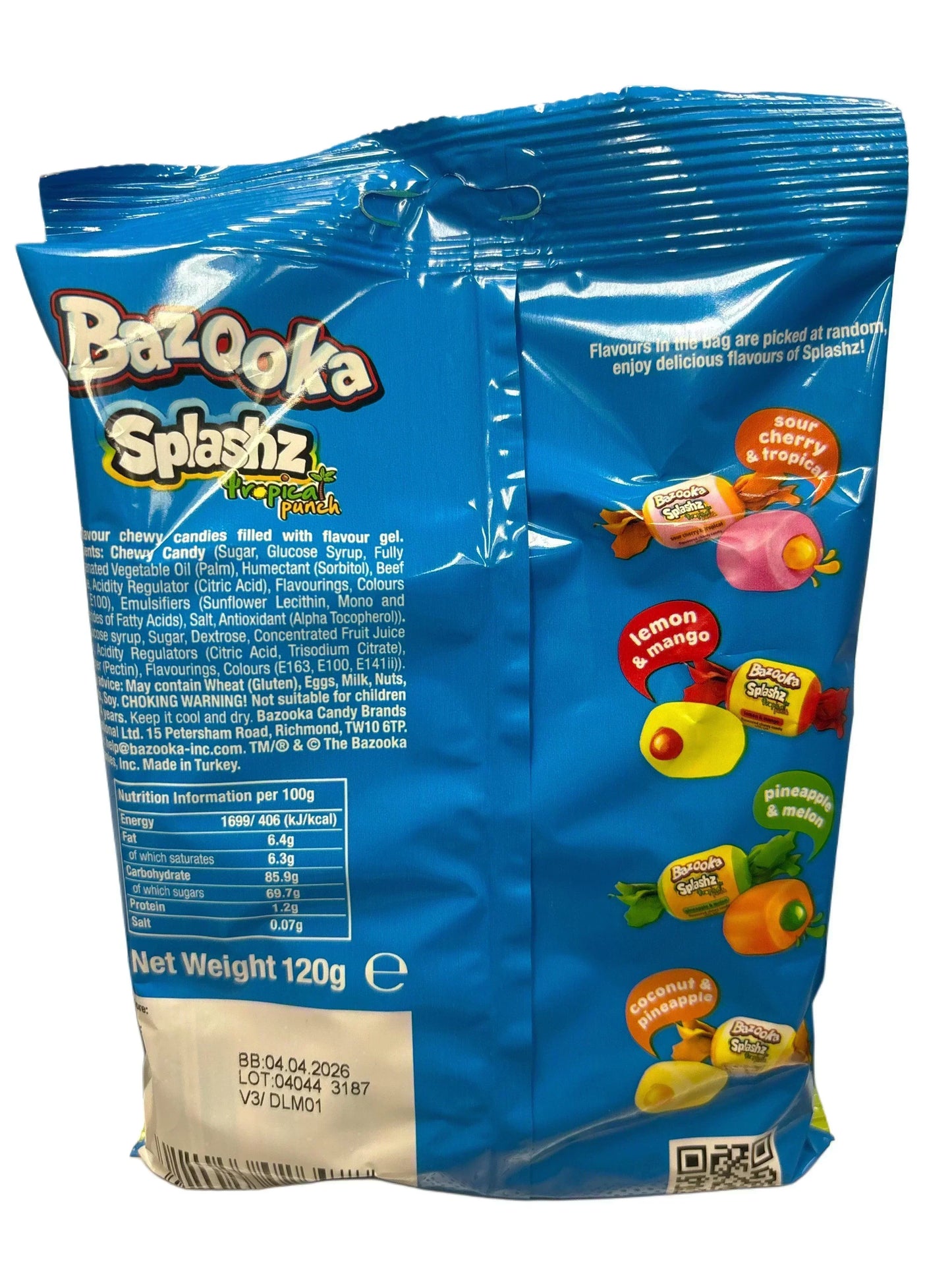 Bazooka Splashz tropical punch chewy candy bag with assorted exotic fruit flavors on blue packaging
