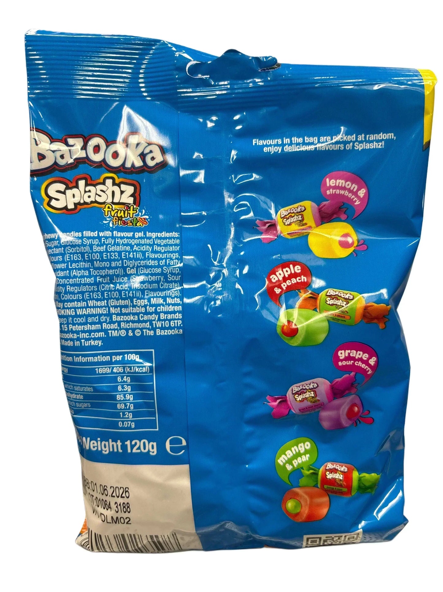 Bazooka Splashz Fruit Fests chewy candy assorted flavors in blue packaging, 120g bag