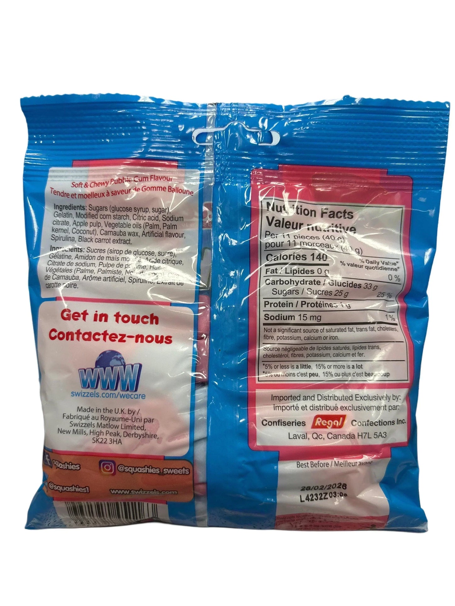 Back of blue candy bag showing nutrition facts, ingredients, and contact information.