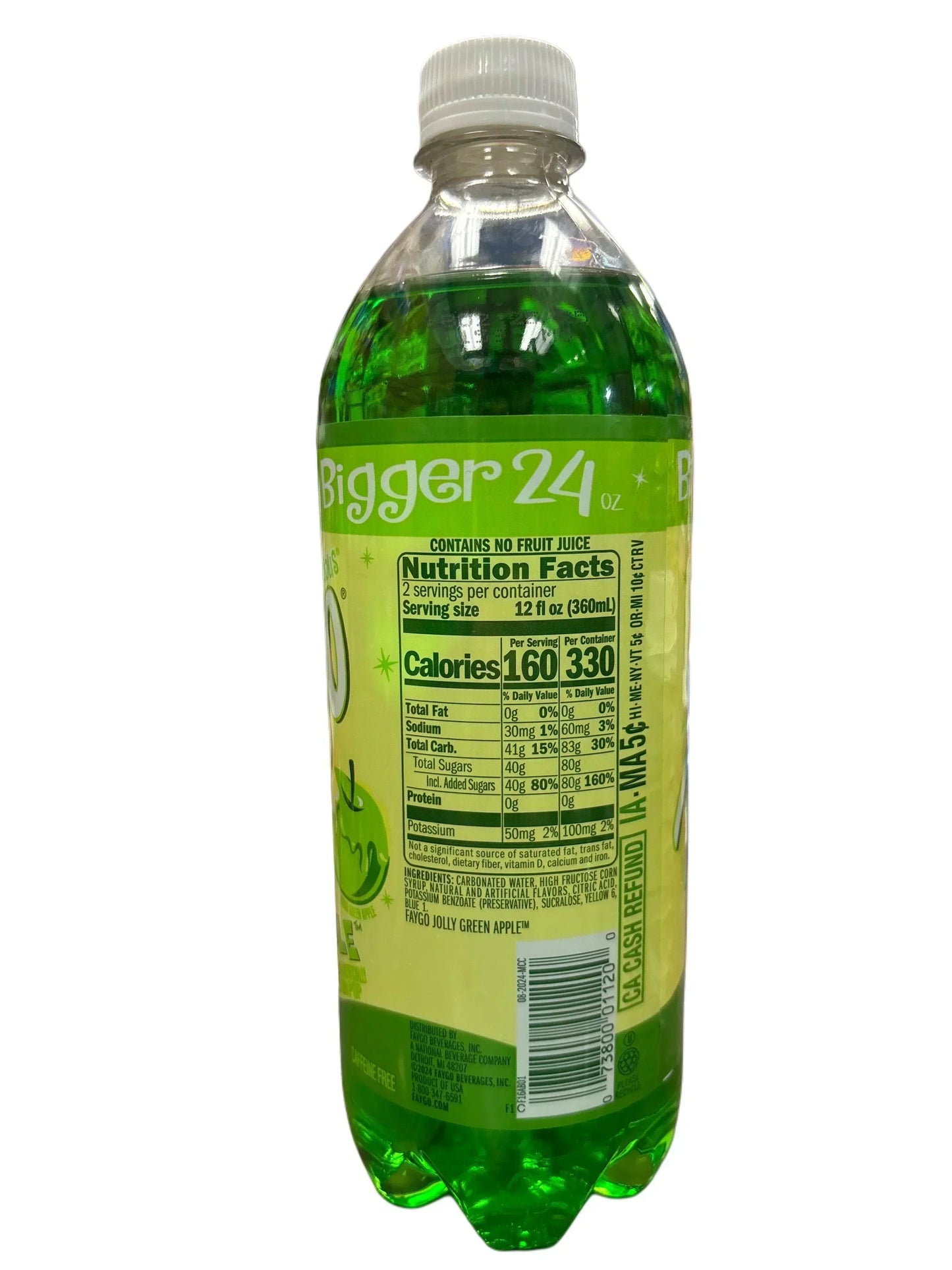 Plastic bottle of green apple soda with nutrition facts label, exotic drink, 24 oz size