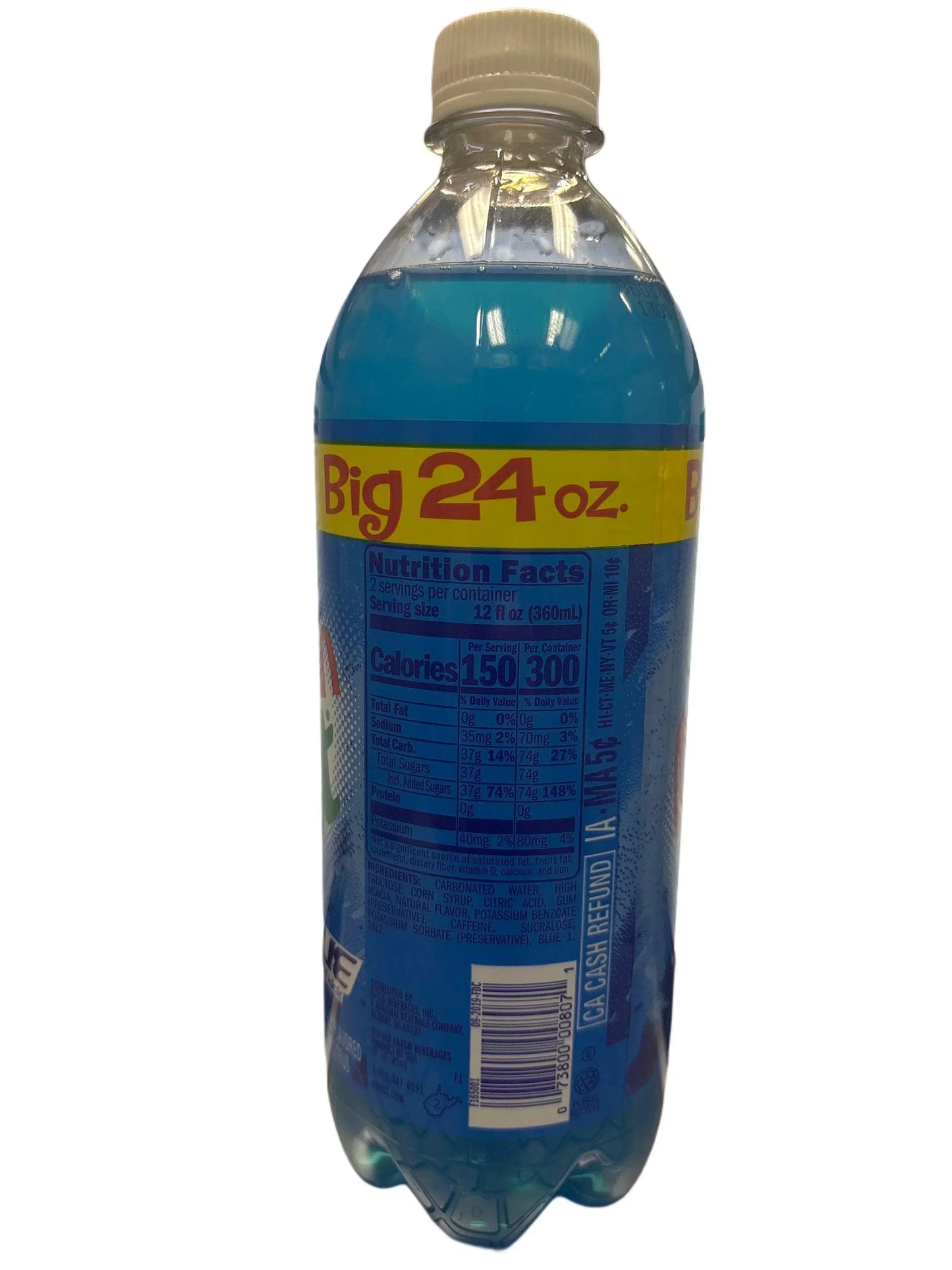 Large 24 oz bottle of blue exotic soda drink with nutrition facts label