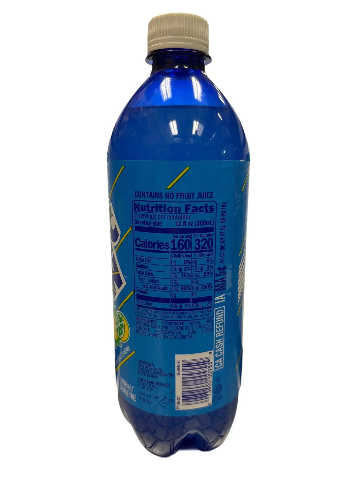 Back view of exotic citrus soda bottle showing nutrition facts and blue label