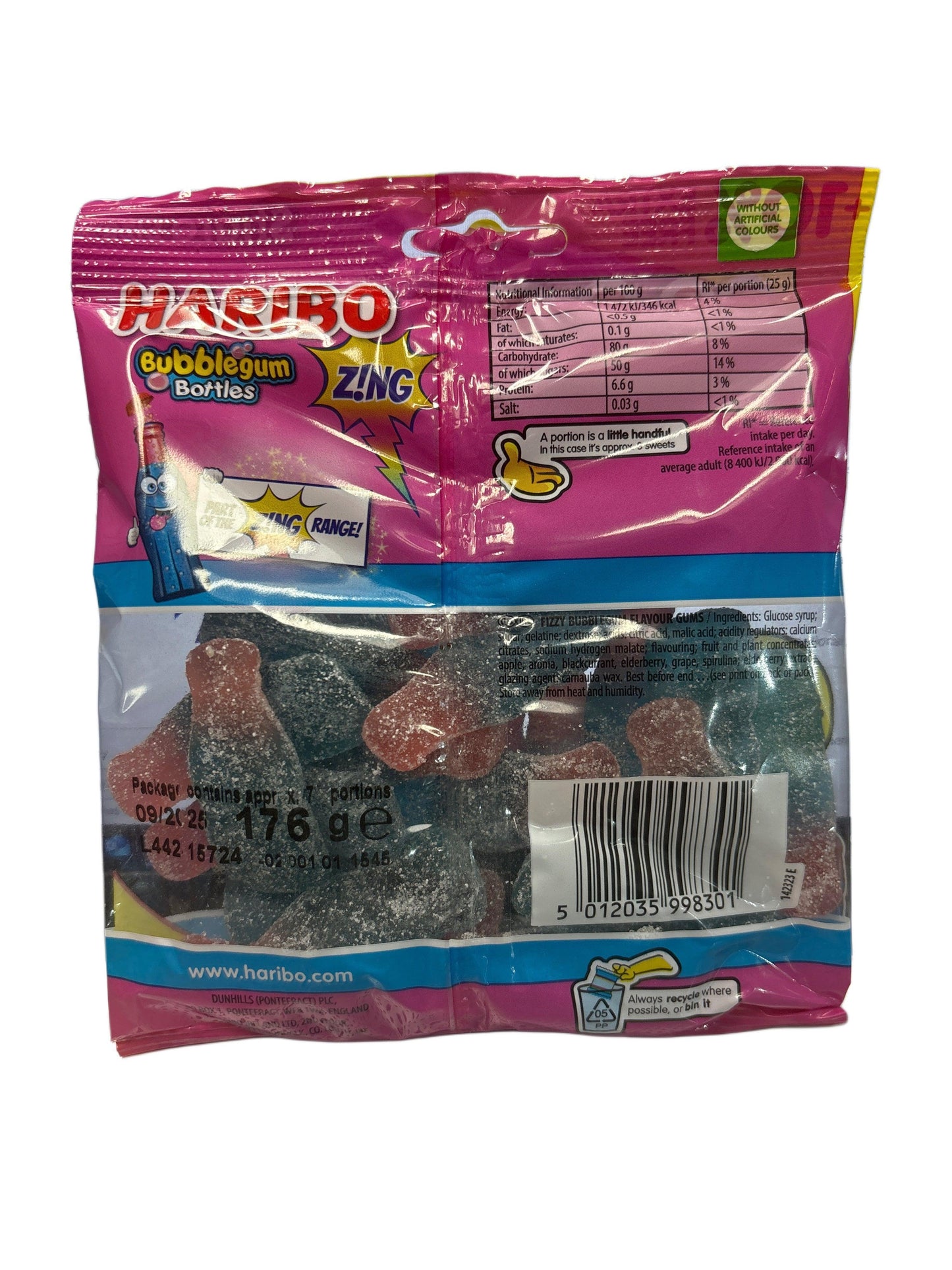 Back of Haribo Bubblegum Bottles Zing candy bag with nutritional info visible