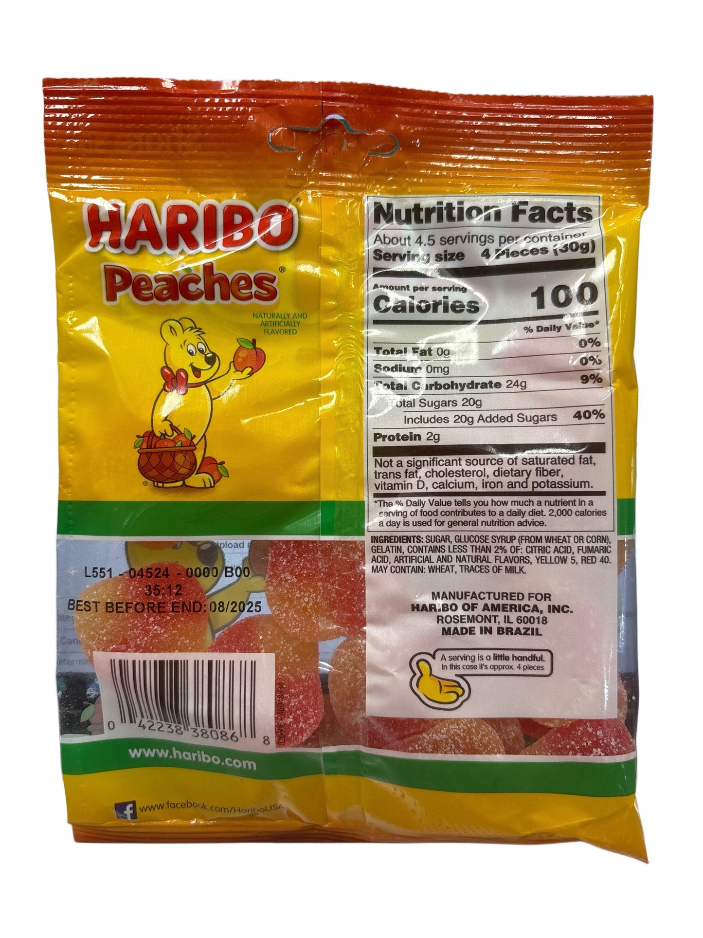Back of Haribo Peaches gummy candy bag showing nutrition facts and ingredients.
