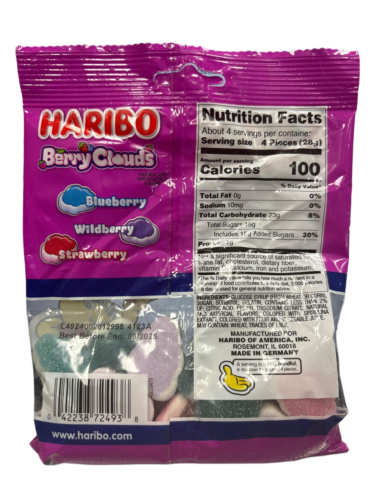 Back of Haribo Berry Clouds candy bag showing blueberry, wildberry, strawberry flavors and nutrition facts
