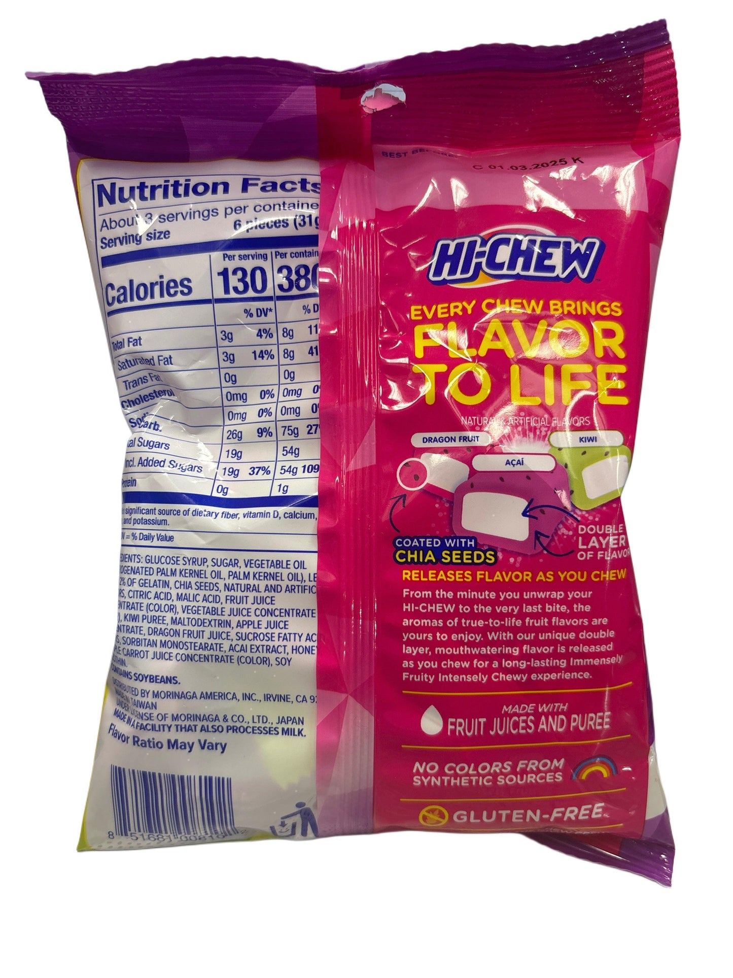 Back of Hi-Chew exotic candy bag with nutrition facts, flavor info, and gluten-free label