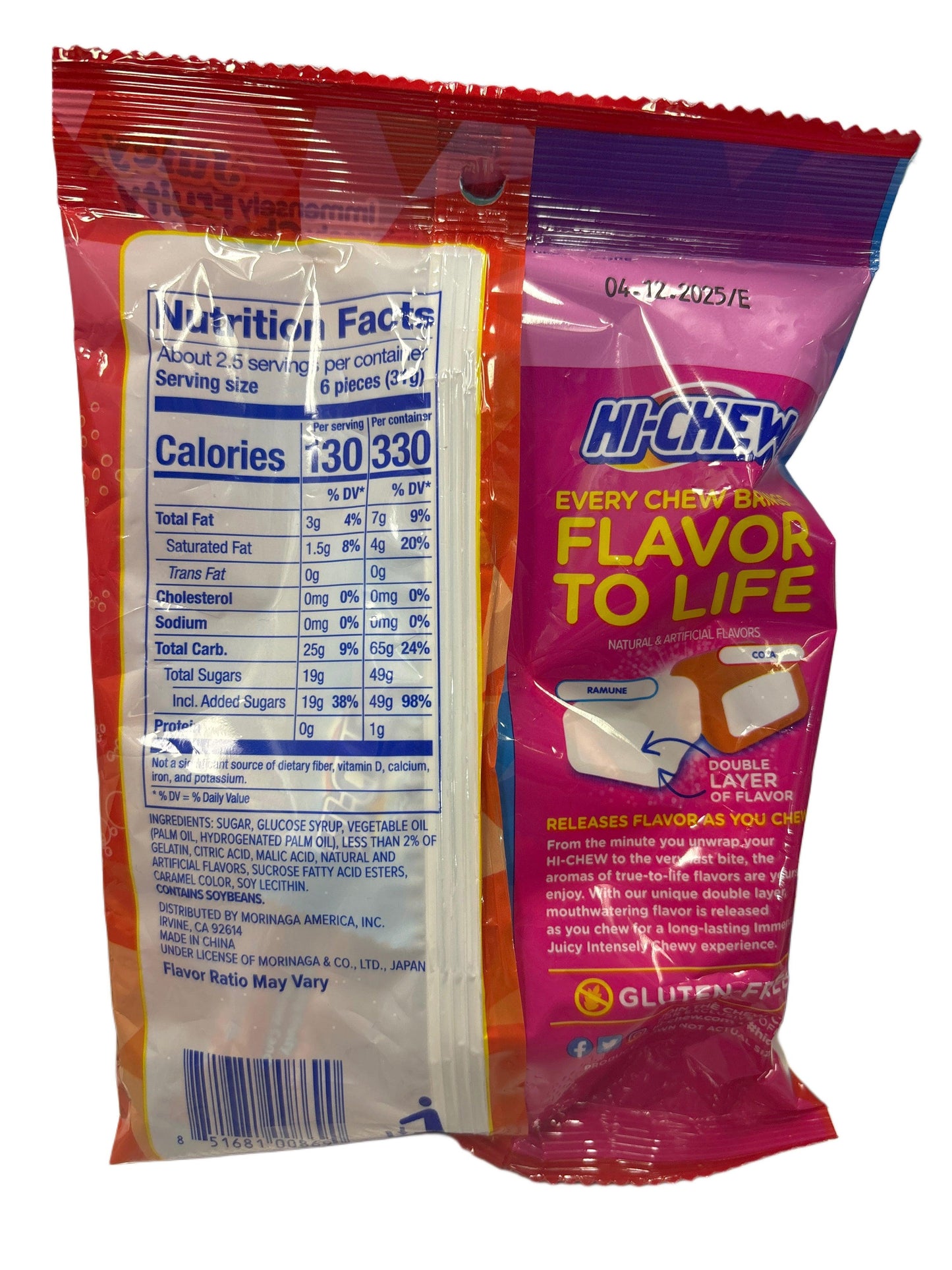 Back of Hi-Chew candy package with nutrition facts and product description, imported exotic snack.