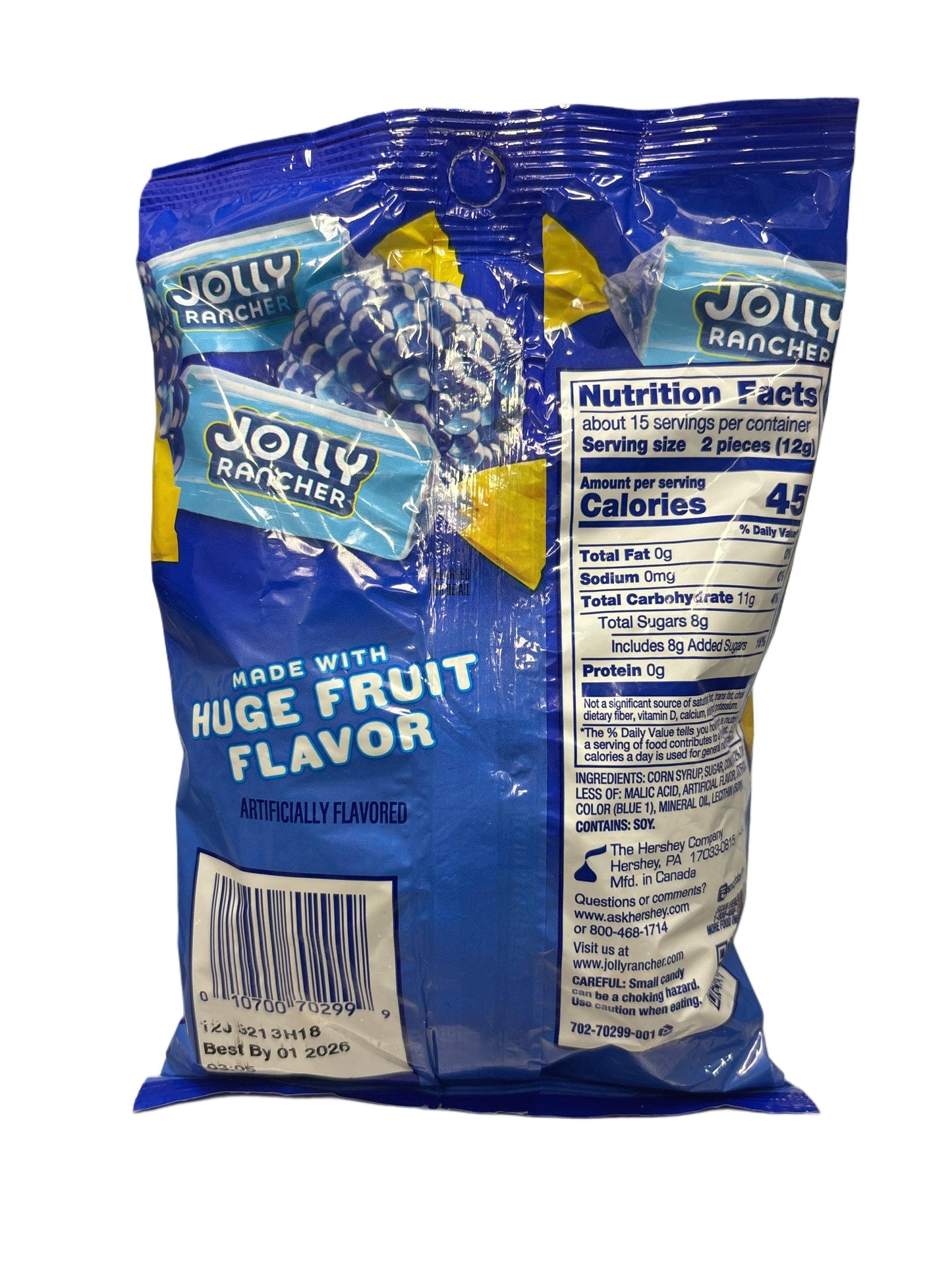Back of Jolly Rancher blue raspberry candy bag, showing nutrition facts and ingredients.