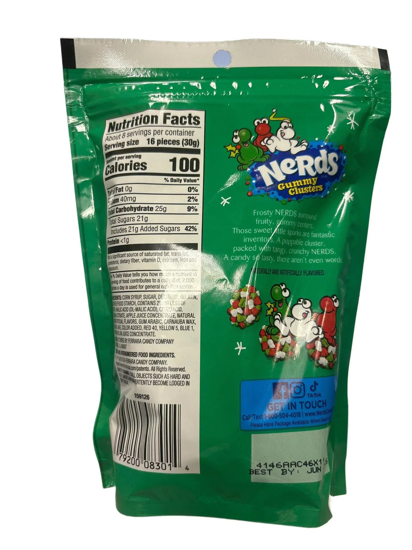 Back of Nerds Gummy Clusters candy bag with nutrition facts and colorful cartoon graphics