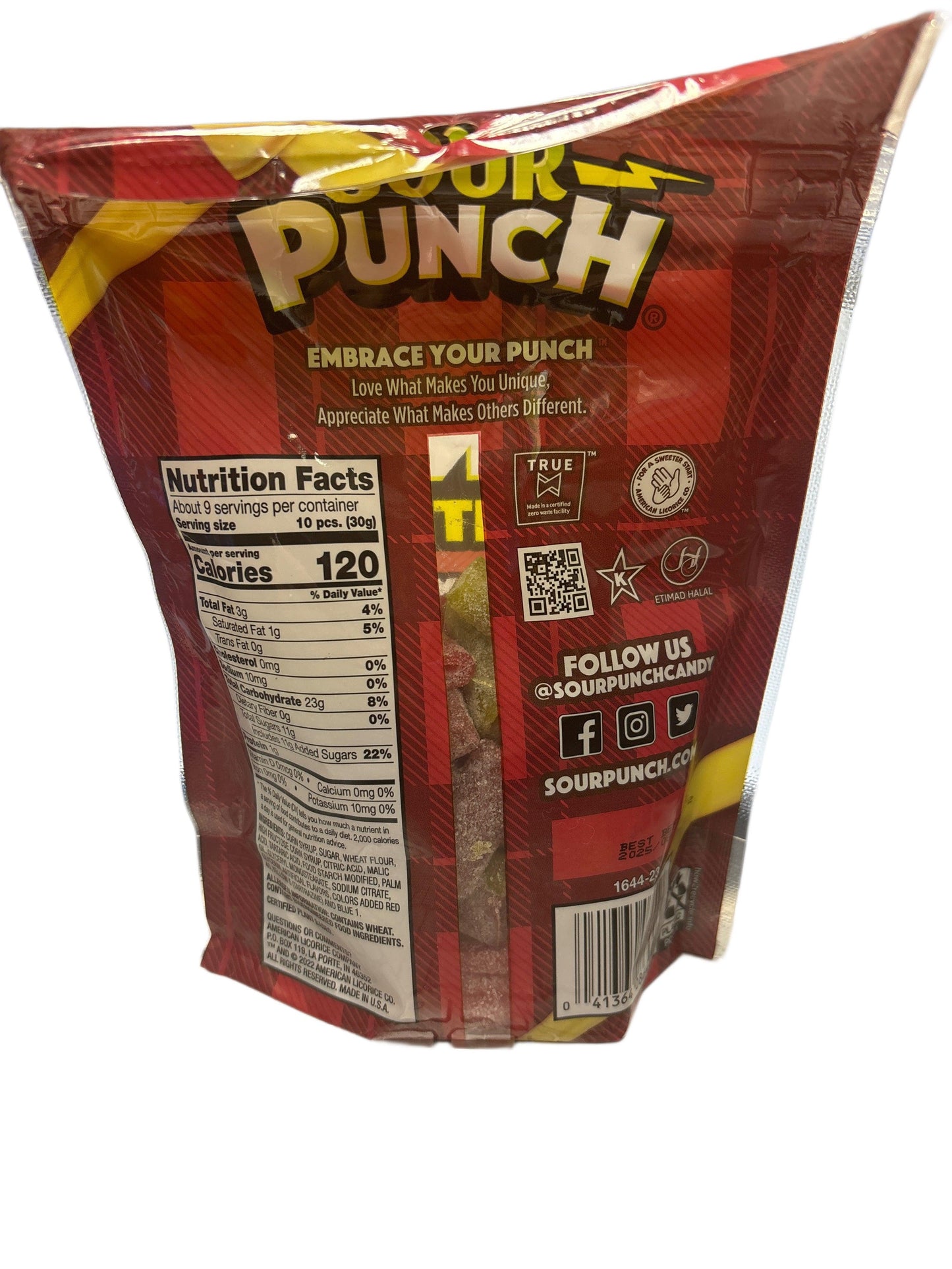 Back of Sour Punch candy bag with nutrition facts, ingredients, and social media icons