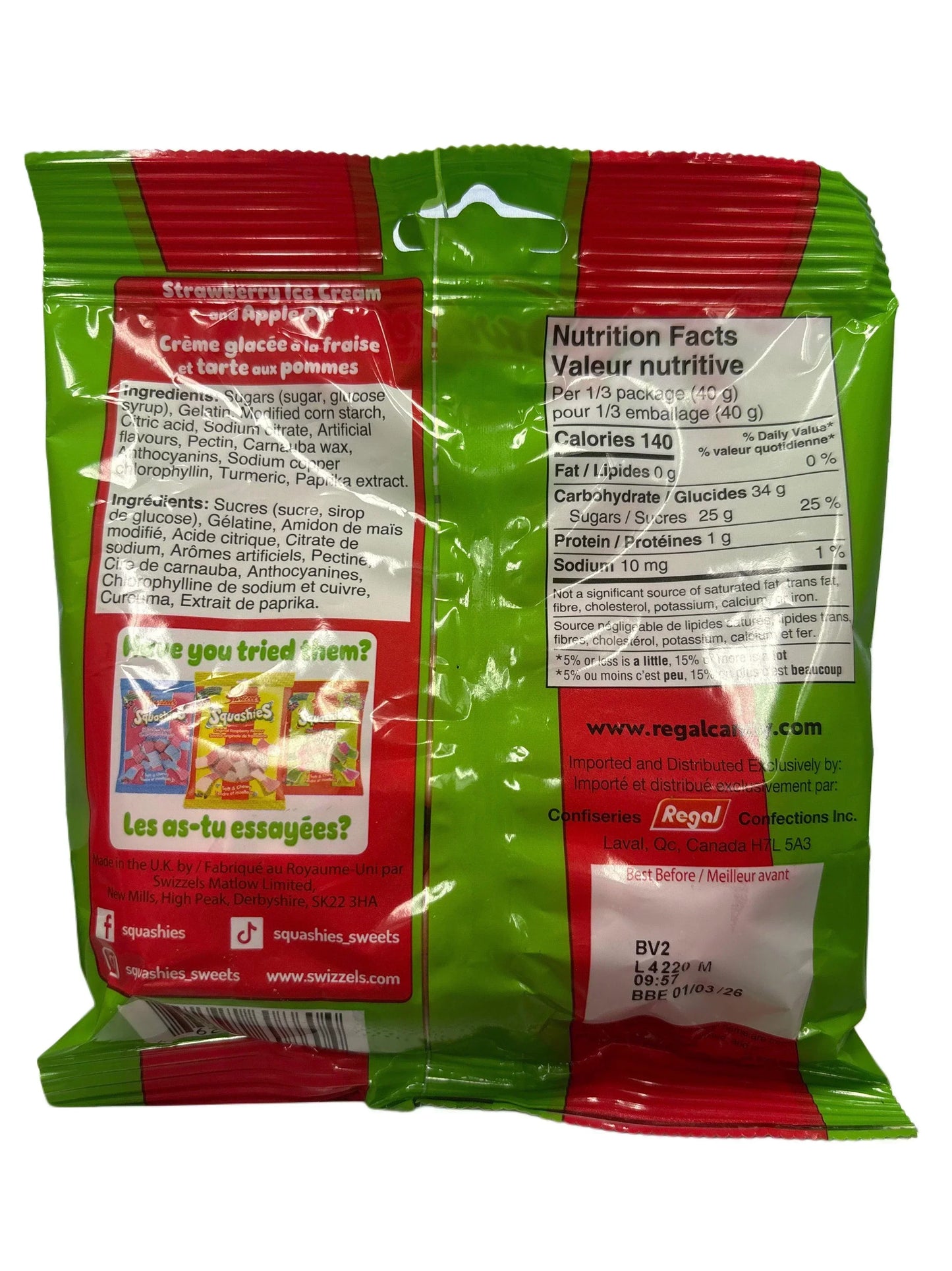 Back of green and red exotic candy bag with nutrition facts, ingredients, and product images