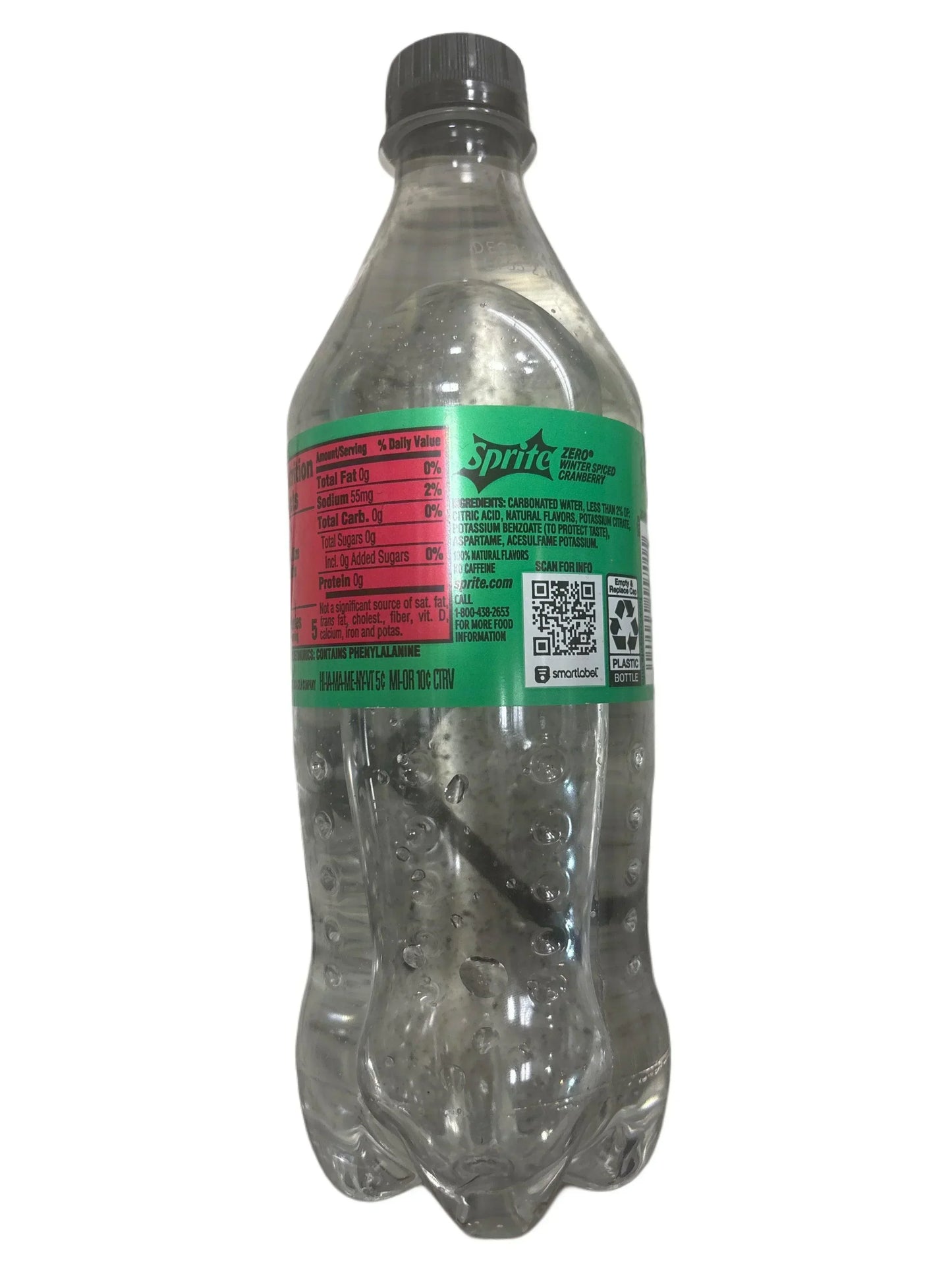 Sprite Zero Winter Spiced Cranberry soda bottle with nutrition label visible