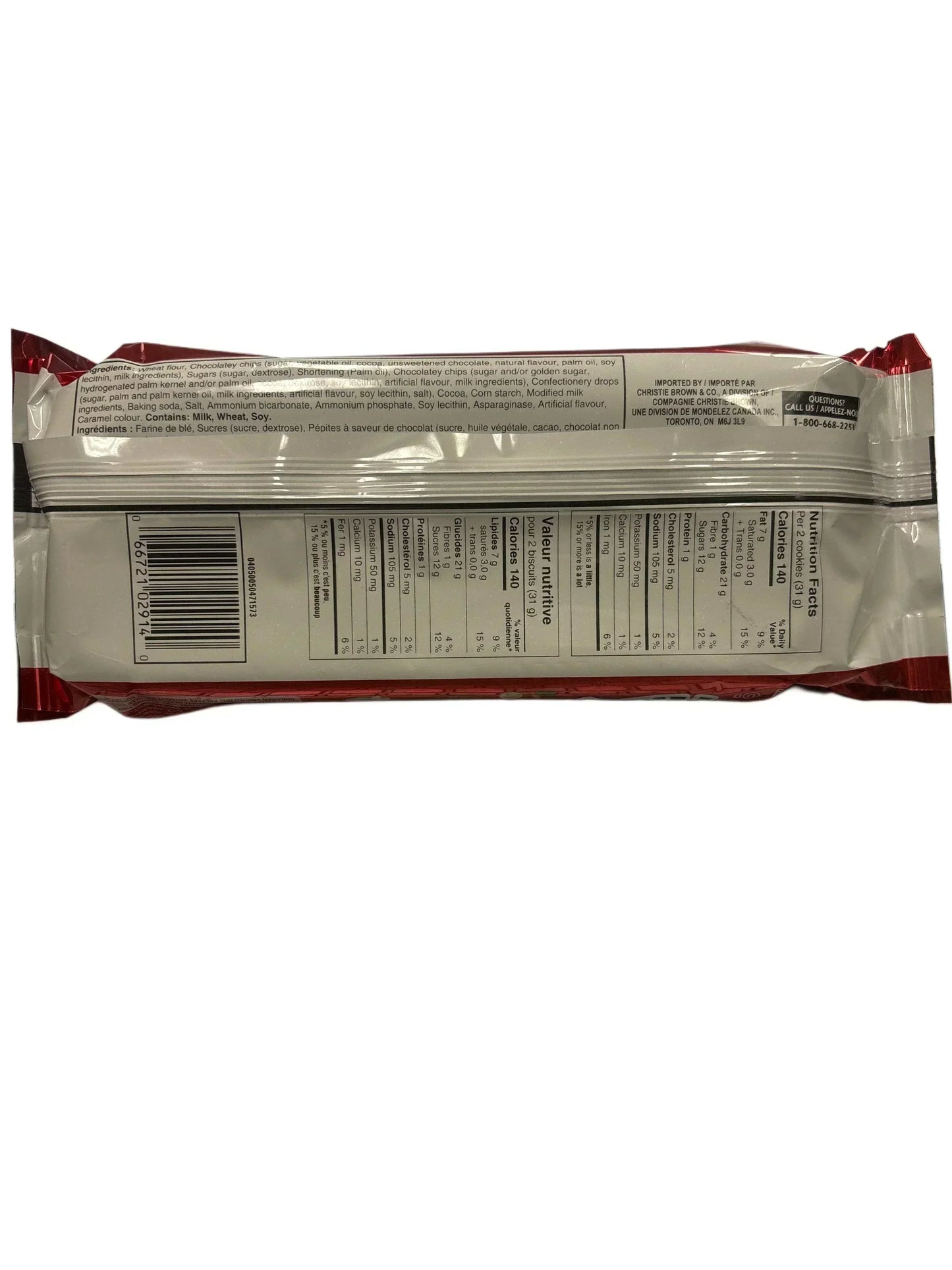Back of imported snack package showing ingredients and nutrition facts label.