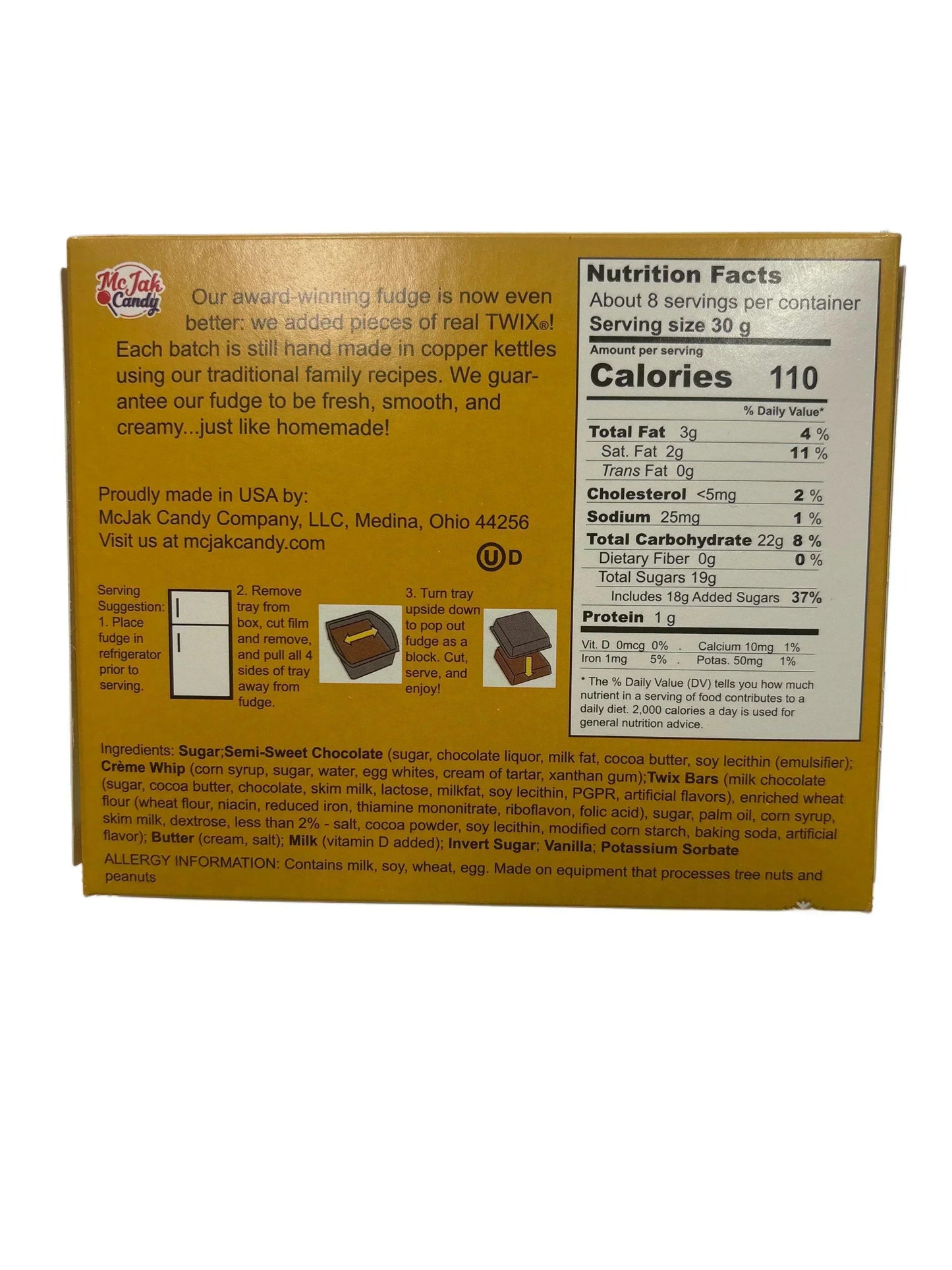 Back of McJak Candy fudge box with nutrition facts, allergy info, and ingredients list