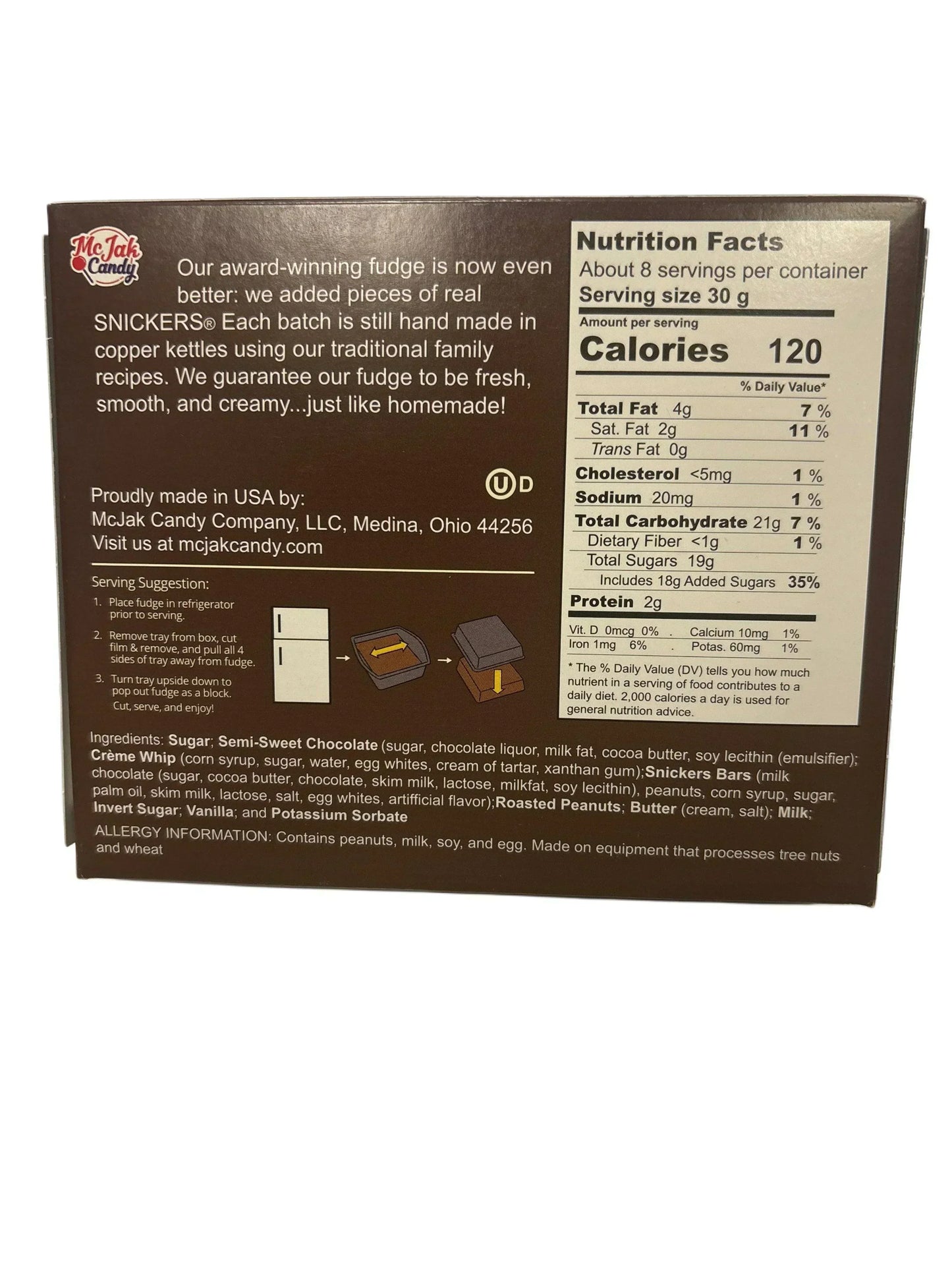 Back of a packaged fudge product with Snickers pieces, nutrition facts, and ingredients list.
