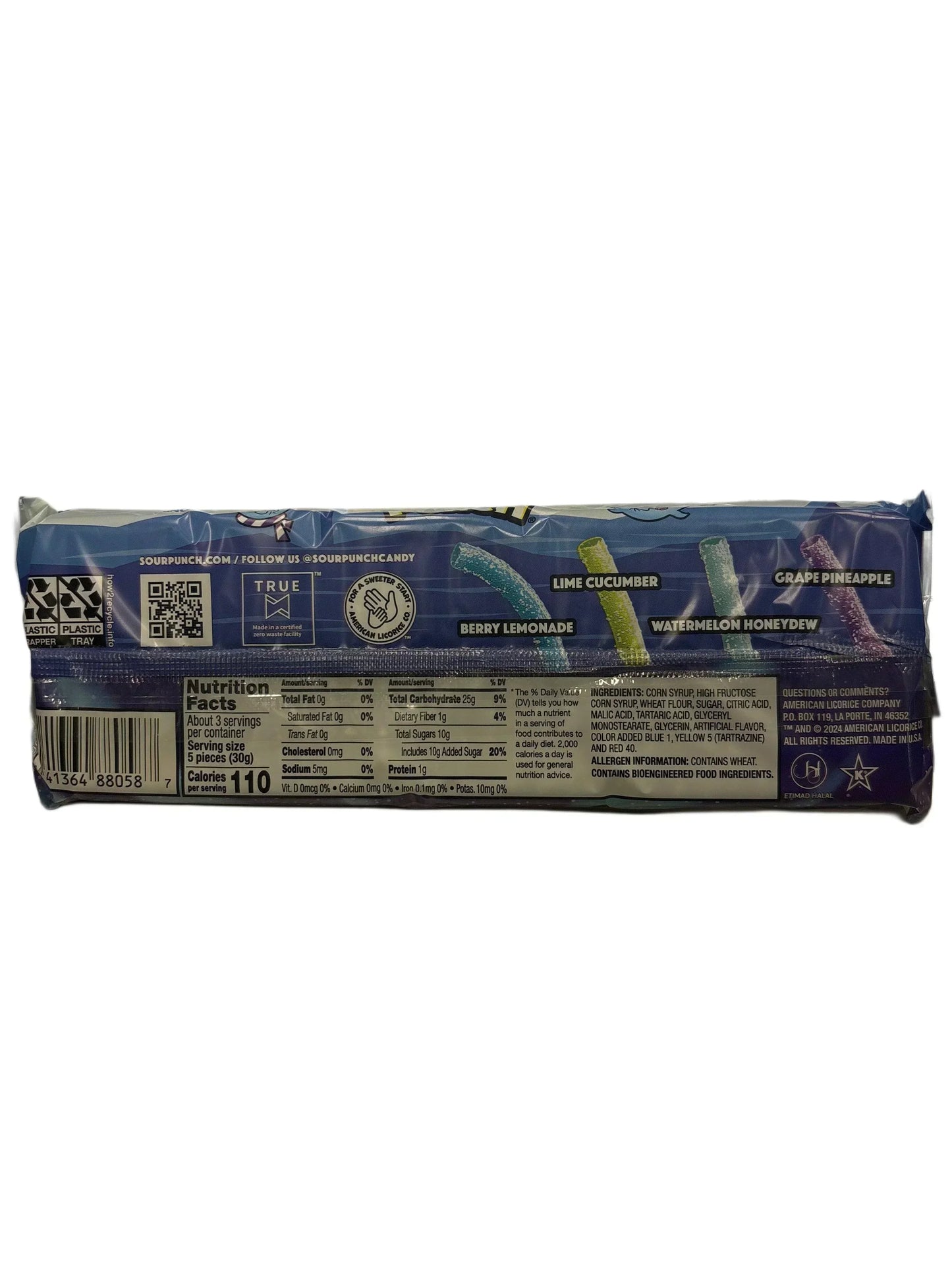 Back of exotic candy pack with ingredient list, nutritional info, and sour candy flavors