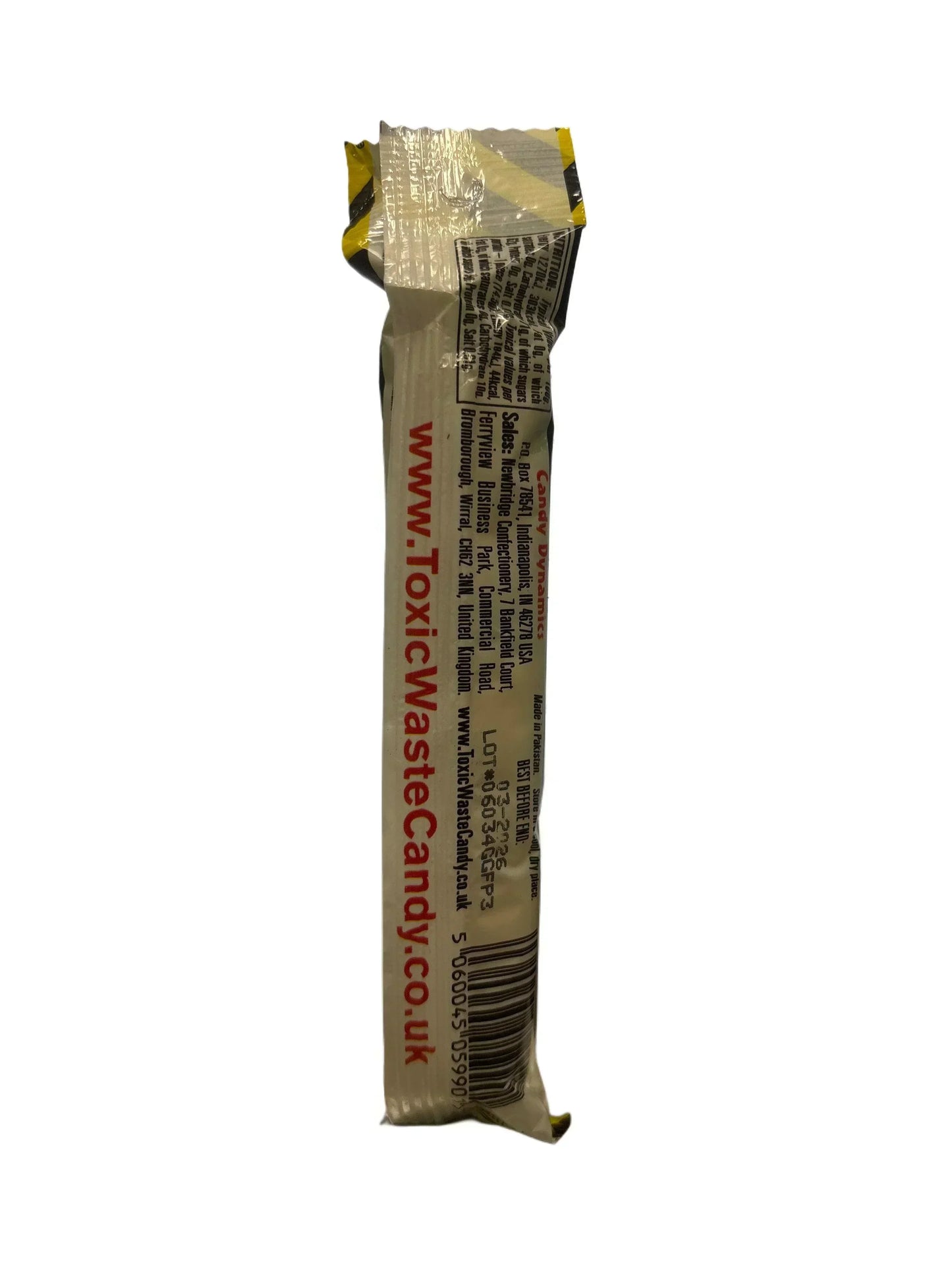 Back of imported candy bar package with website text and barcode, isolated on white