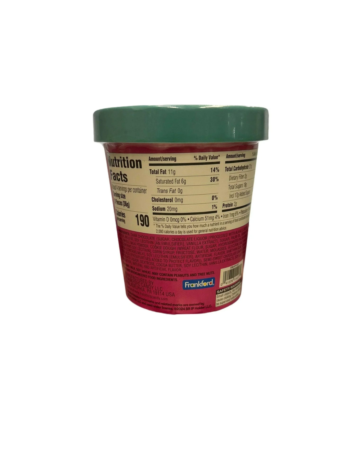 Back view of a pink snack cup showing nutrition facts and ingredients label