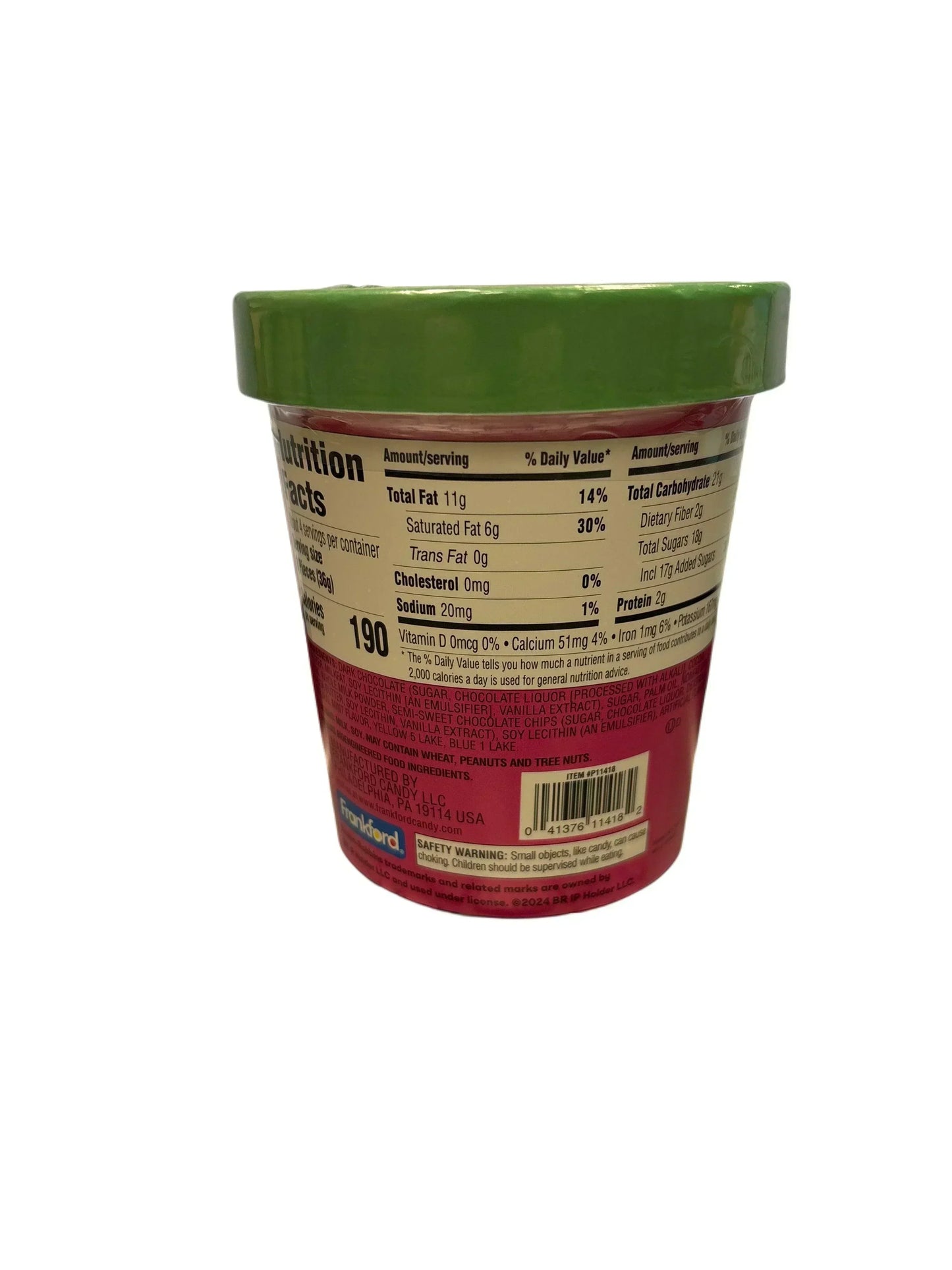 Back view of a snack container with green lid, showing nutrition facts and ingredients label