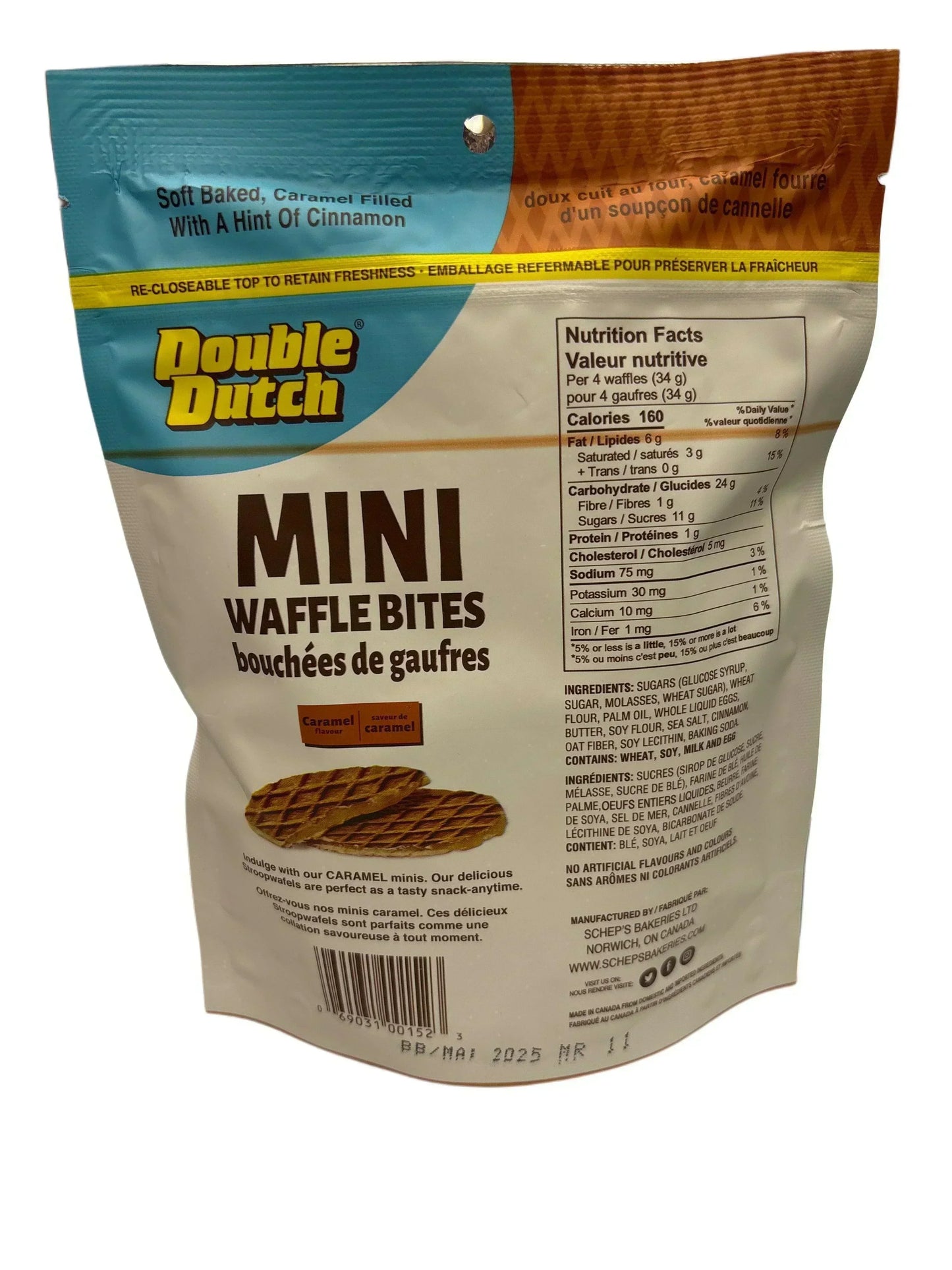 Double Dutch mini caramel waffle bites soft baked snack bag with nutrition facts