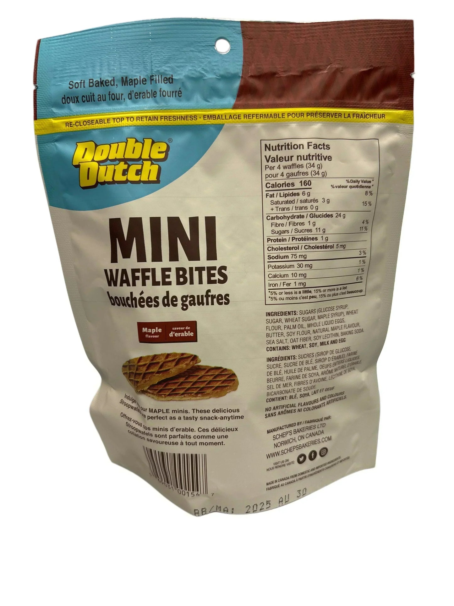 Double Dutch mini waffle bites maple flavor snack bag with nutrition facts