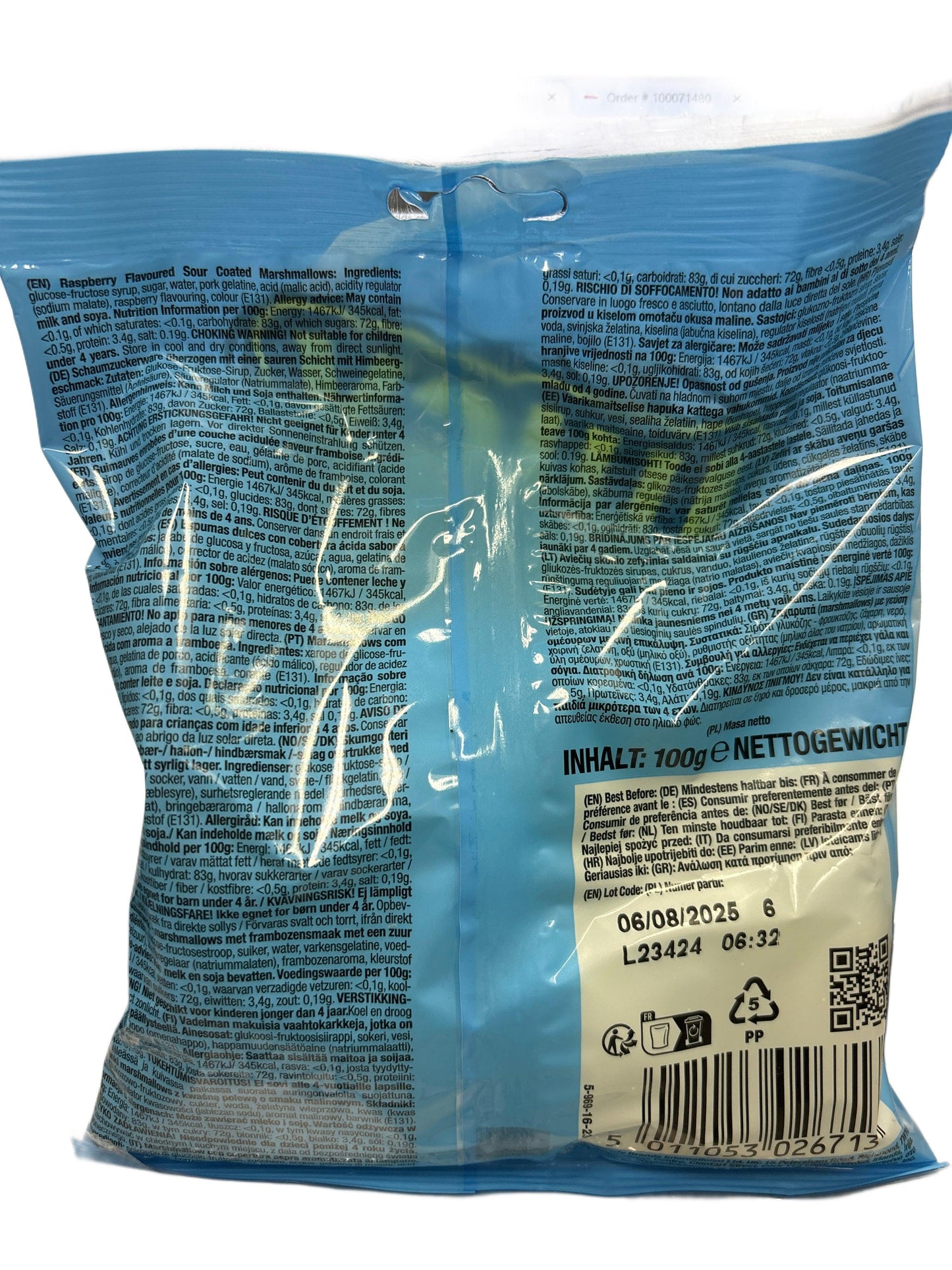 Back of blue candy bag showing raspberry sour marshmallow ingredients and nutrition info