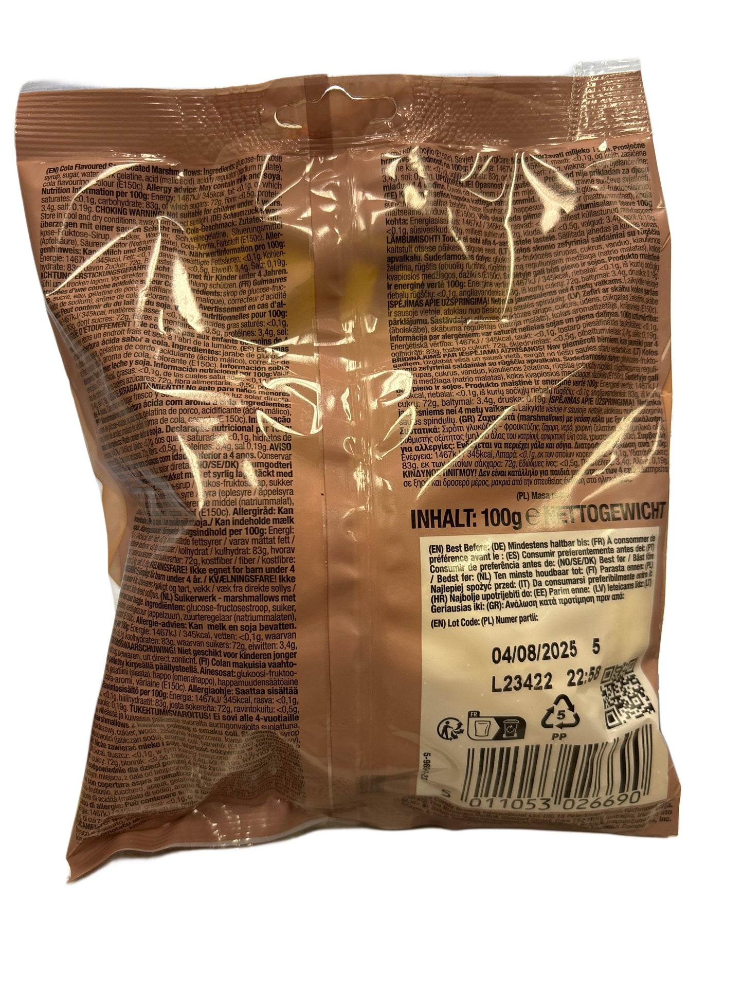 Back of exotic imported snack bag showing ingredients, nutrition info, and barcode