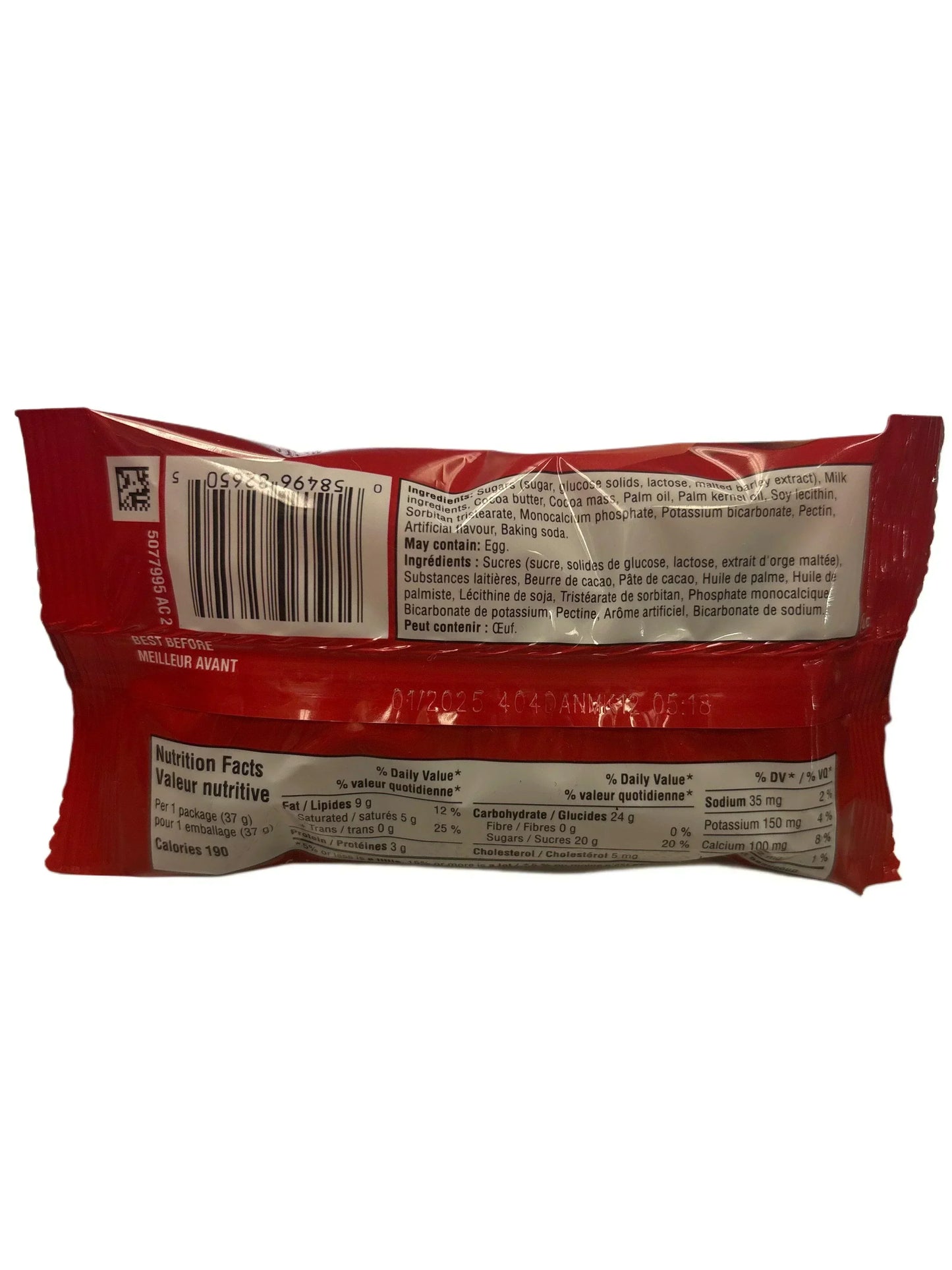 Back of exotic snack bar with ingredients and nutrition facts on red packaging