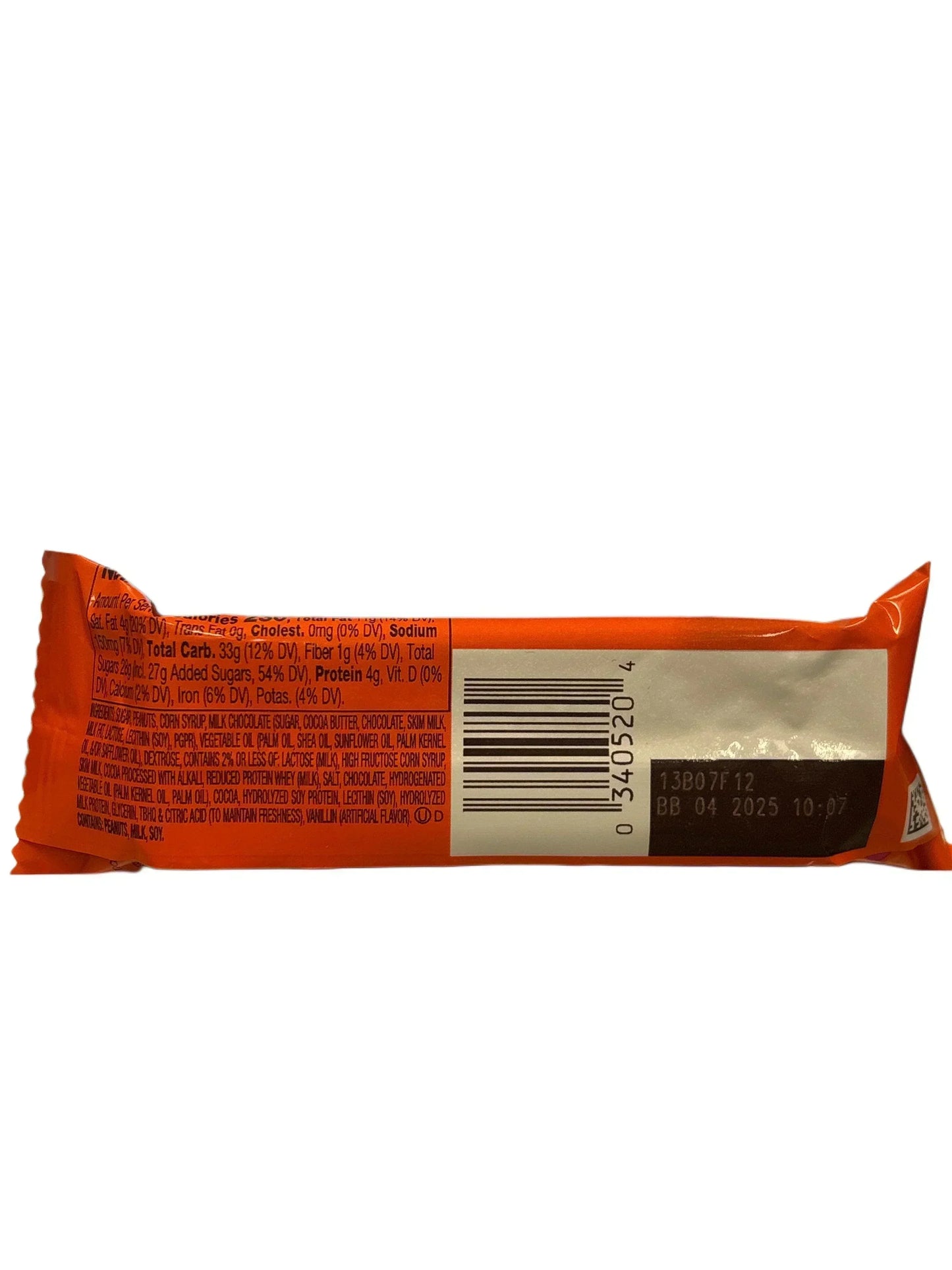 Back of an orange chocolate candy bar with barcode and nutrition information