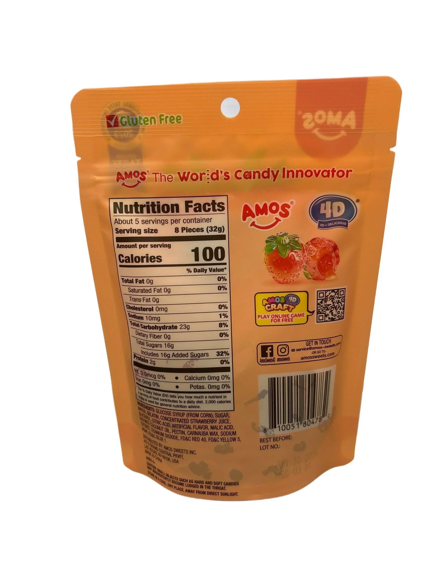 Back of AMOS 4D gummy candy strawberry package, showing nutrition facts and ingredients