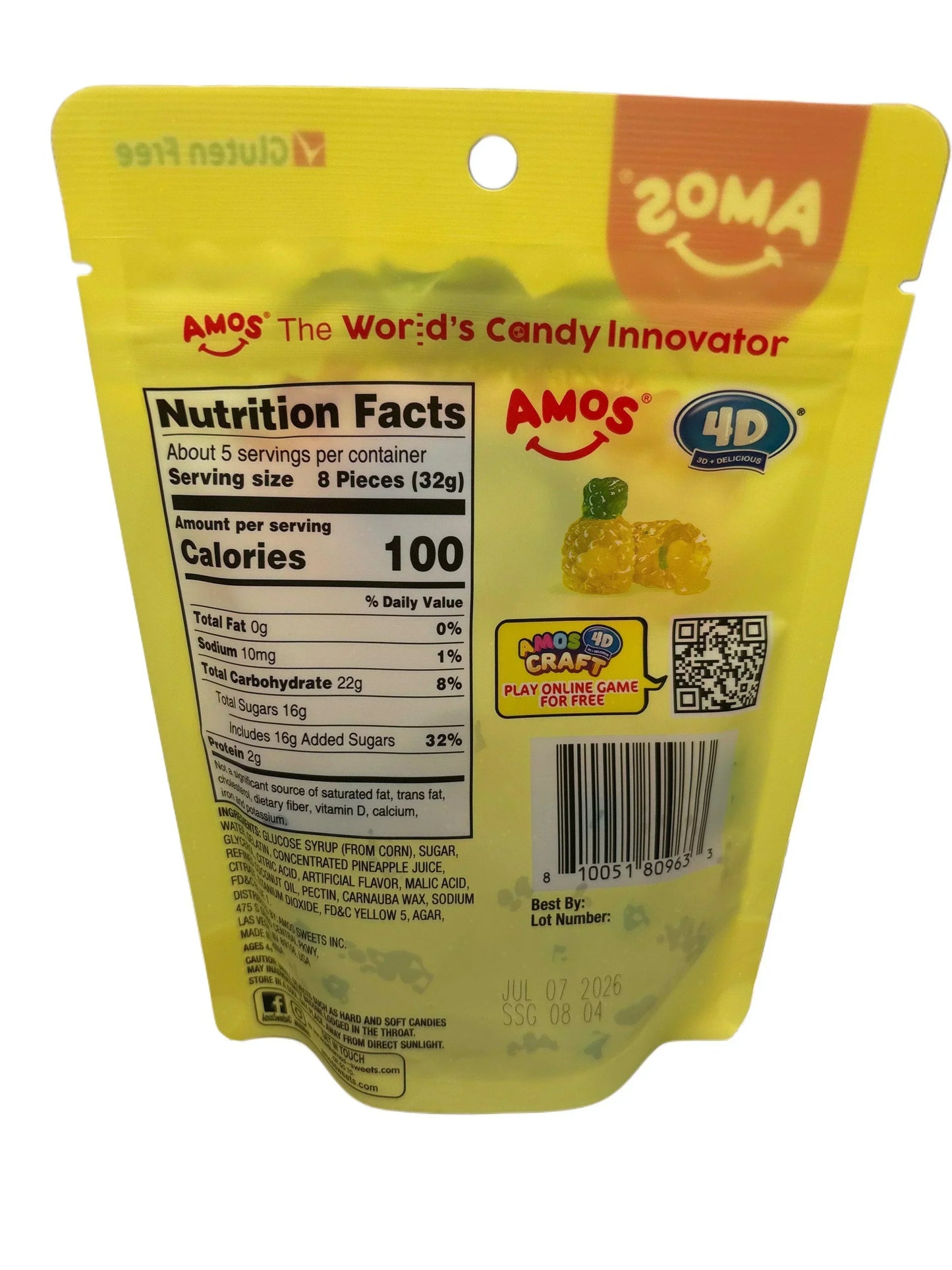 Back of AMOS 4D pineapple gummy candy package showing nutrition facts and ingredients