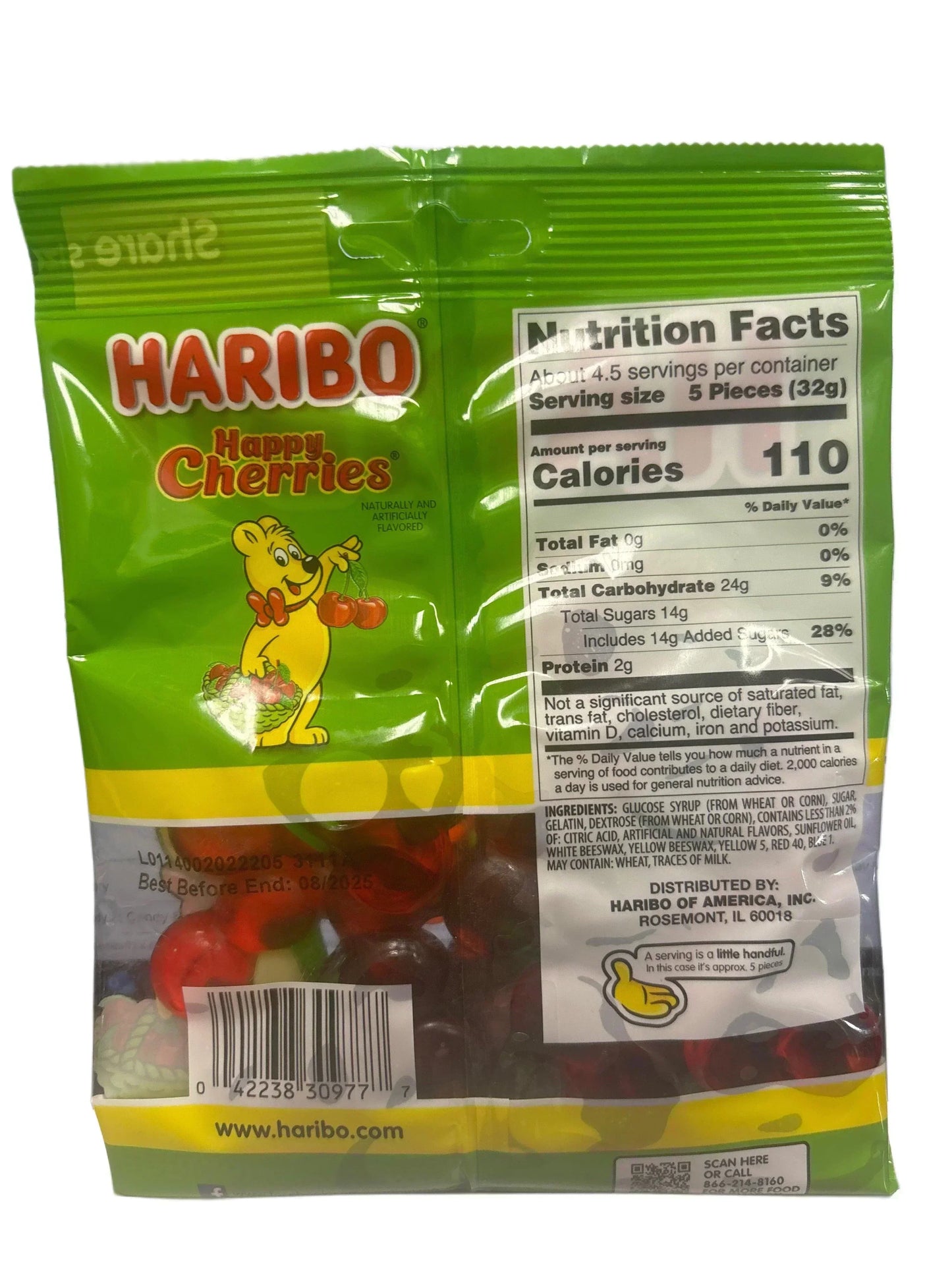 Back of Haribo Happy Cherries candy bag with nutrition facts and barcode visible