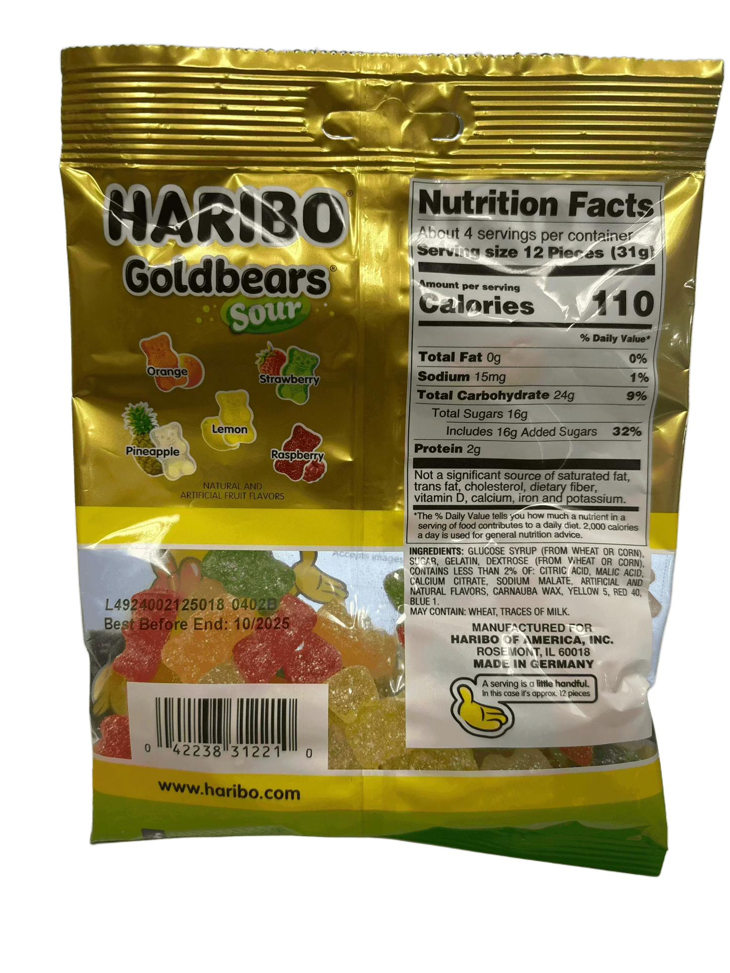 Haribo Goldbears Sour gummy candy bag with nutrition facts and assorted fruit flavors visible